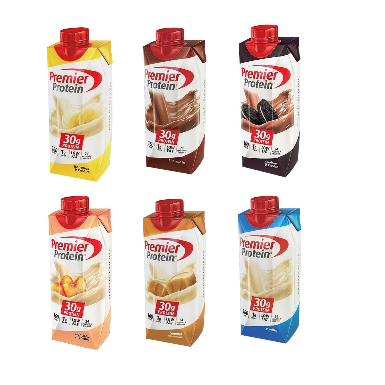 Premier Protein High-Protein Shake, Bananas & Cream, Caramel, Vanilla, Cookies & Cream, Chocolate, Peaches & Cream (11 fl. oz., 6 pk.)