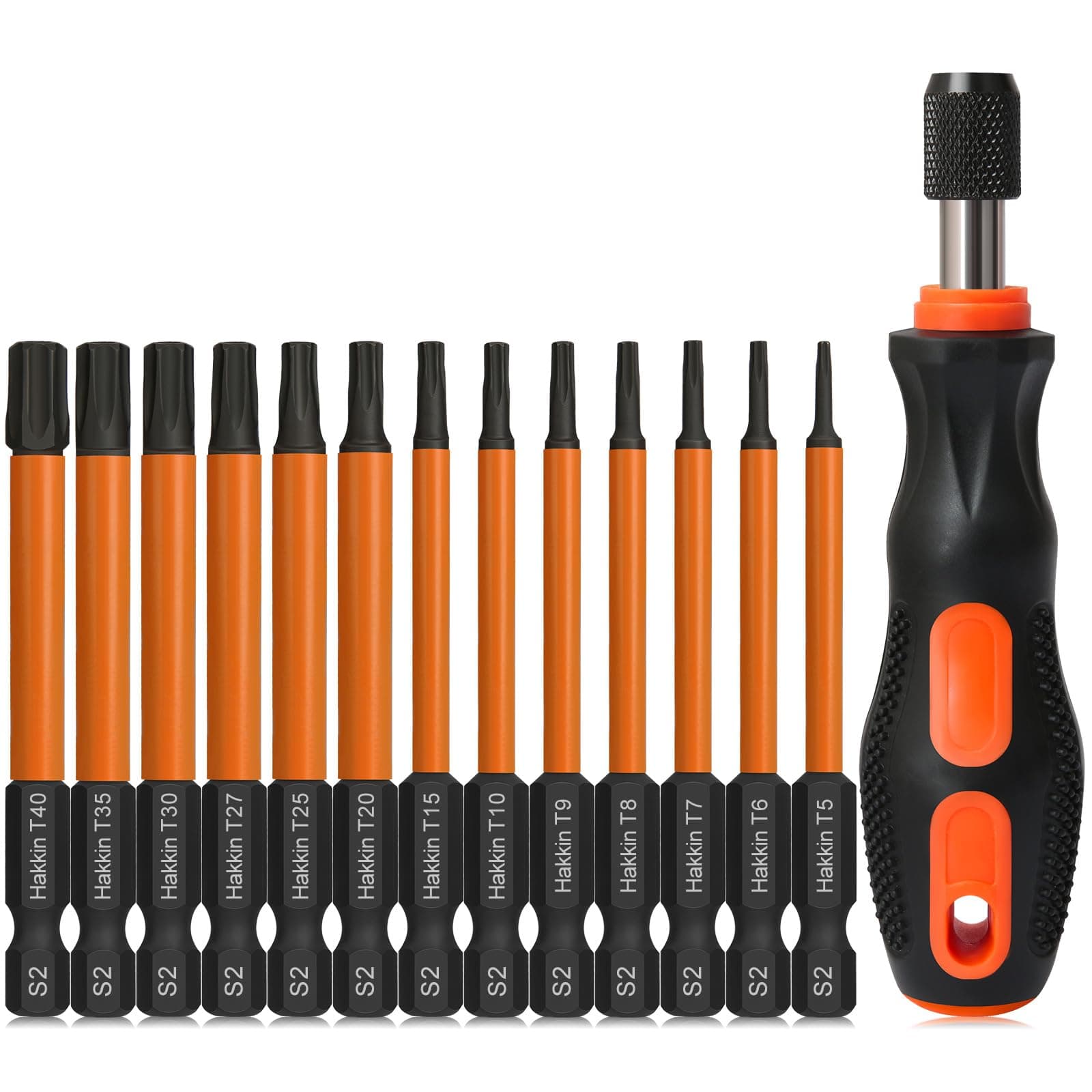 Torx Bit Set with Driver Hakkin 14Pcs Tamper Proof Security Bits S2 Steel Torx Screwdriver Sets 1/4” Hex Shank Magnetic 75mm Torx Screwdriver Bits for Power Tools Hand Tools T5-T40