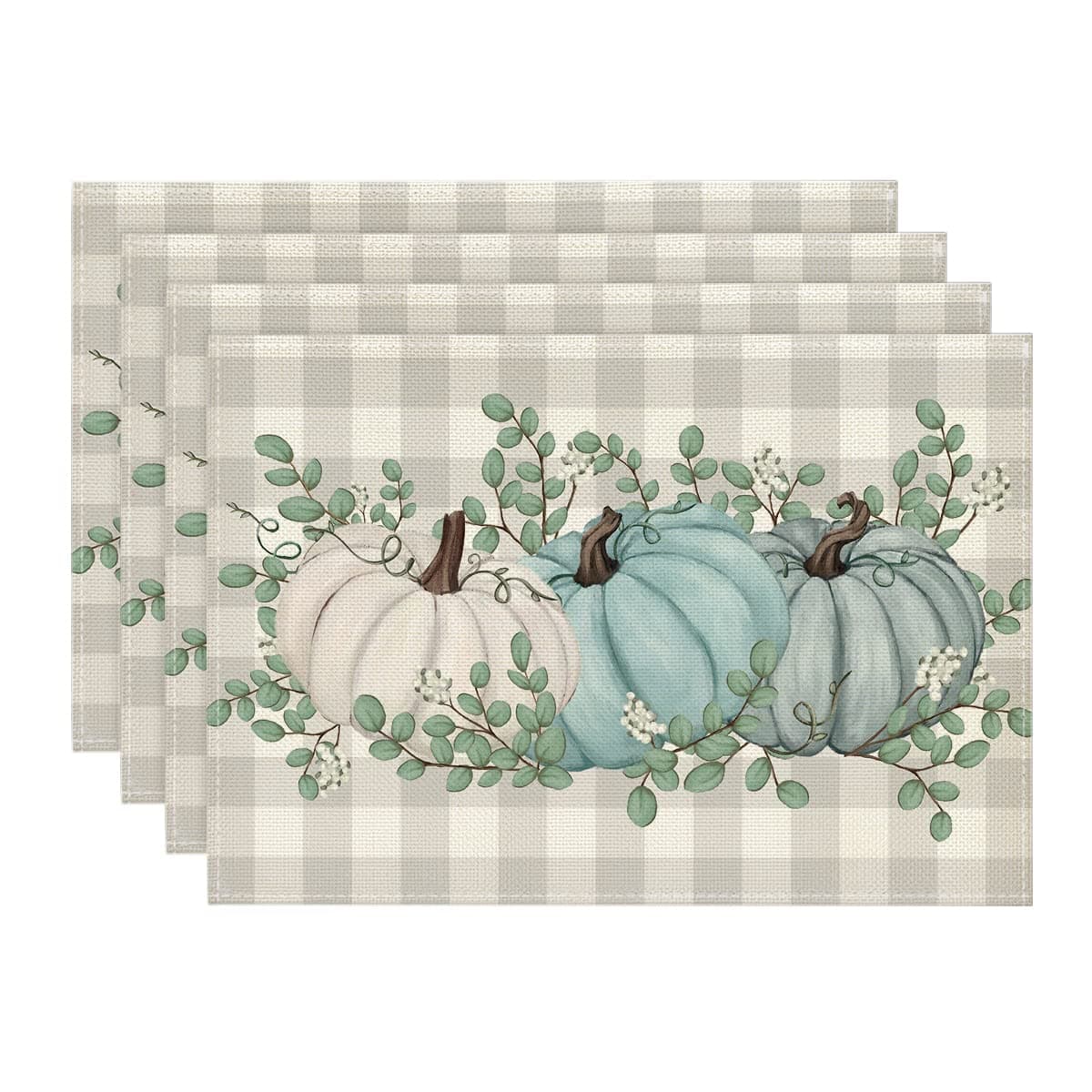 Artoid Mode Pumpkins Eucalyptus Leaves Fall Placemats Set of 4, 12x18 Inch Autumn Thanksgiving Harvest Vintage Table Mat for Party Dining Decoration
