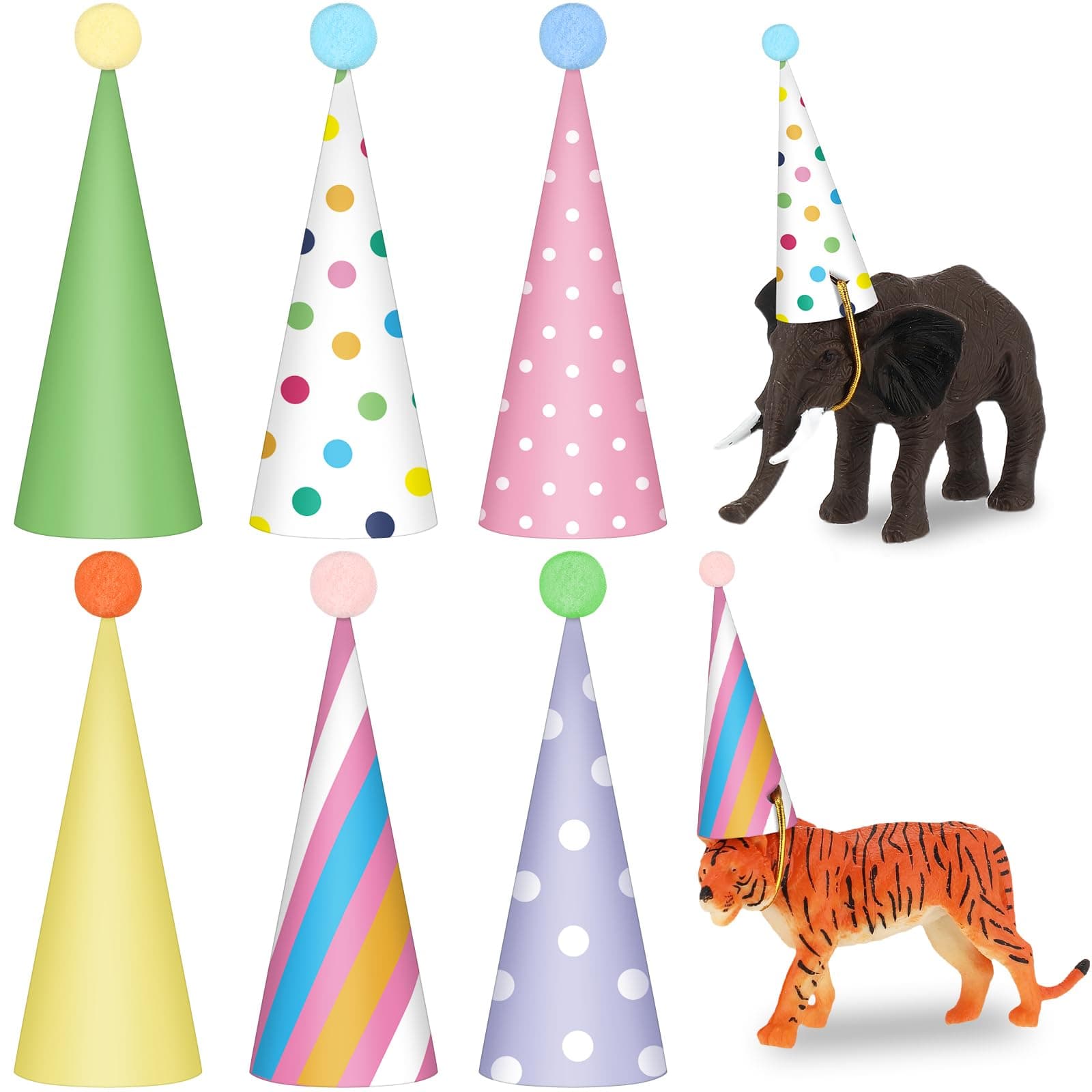 36 Pcs Colorful Mini Party Hats Paper Cone with Pom Tiny Birthday Animal Figures Party Hat