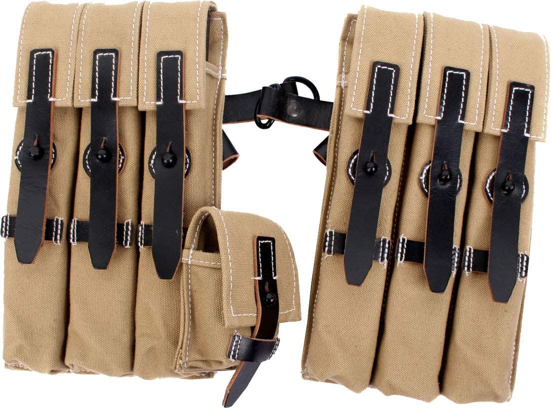 Reproduction WW2 German MP40 Tan Canvas Pouches (Leather Straps)