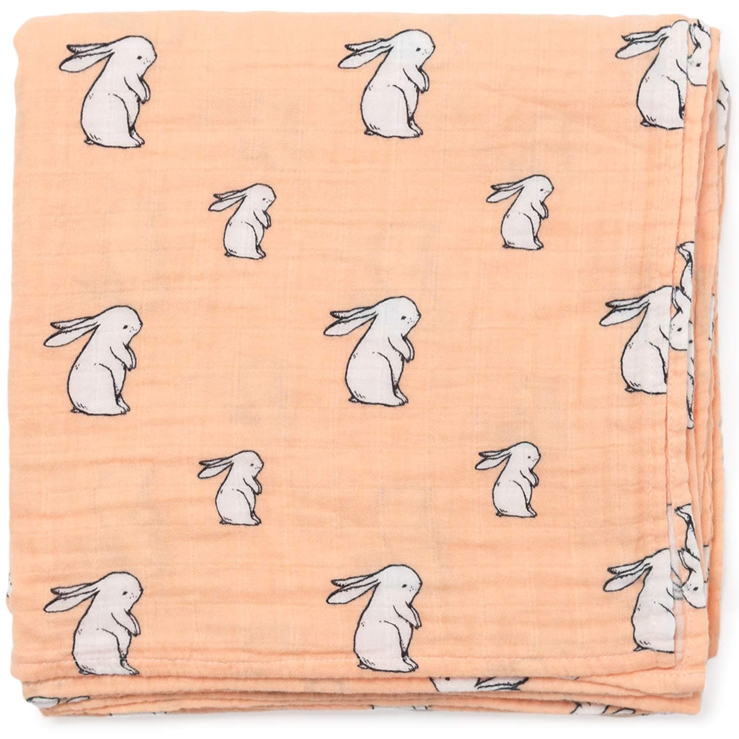 Organic Cotton Muslin Swaddle Blanket, X-Large,120x120cm, Woodland Friends Collection (Long Ear Bunny)