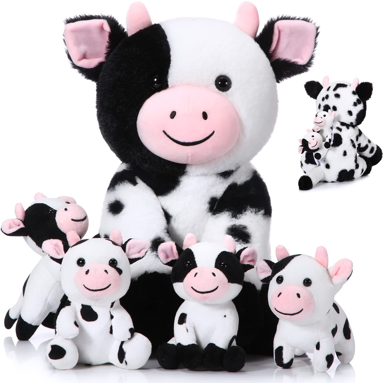 Sumind 5 Pcs Cow Stuffed Animal Set 13.78 Inch Mommy Cow Plush Toy with 4 Babies Cute Calf in Her Tummy Large Highland Stuffed Animals for Toddlers Girls Boys Birthday(Cute)