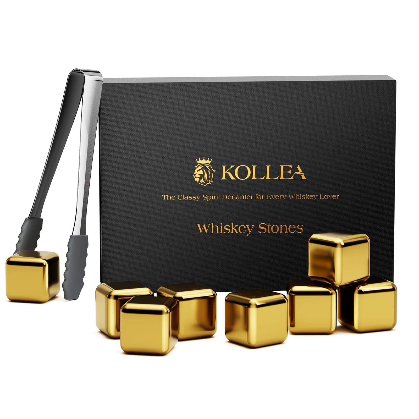 Kollea Whiskey Stones, 8-Pack Golden Stainless Steel Whiskey Chilling Rocks, Reusable Ice Cube for Drinking, Rum Cocktail Drink Accessories, Bartender Kit, House Warming Gifts, Drinking Bar, Christmas
