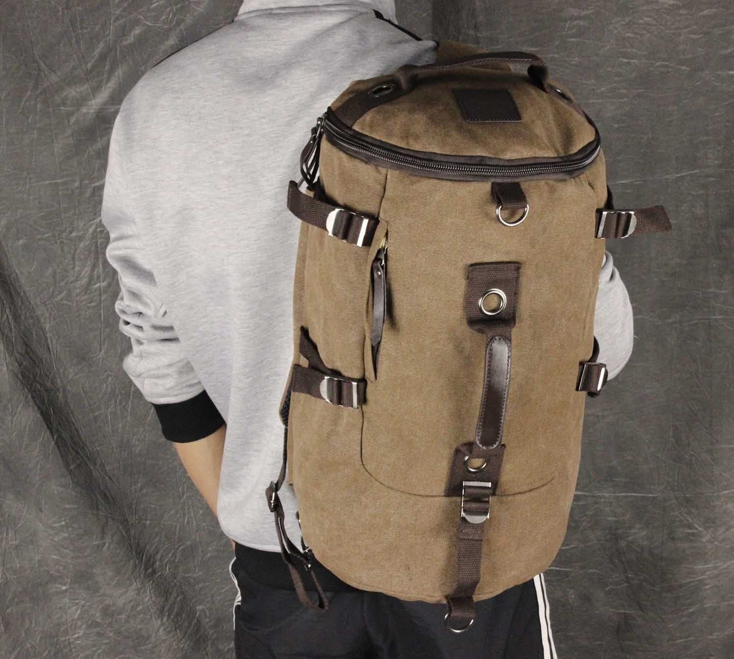 Men' Backpack Vintage Canvas Leather Hiking Travel Cylinder Messenger Tote Bag