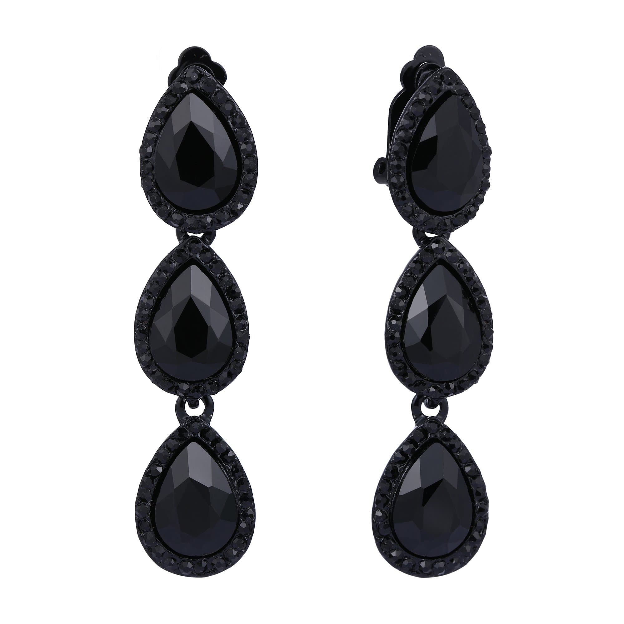 Women's Austrian Crystal Teardrop Pear Shape 2.4 Inch Long Clip-on Dangle Earrings