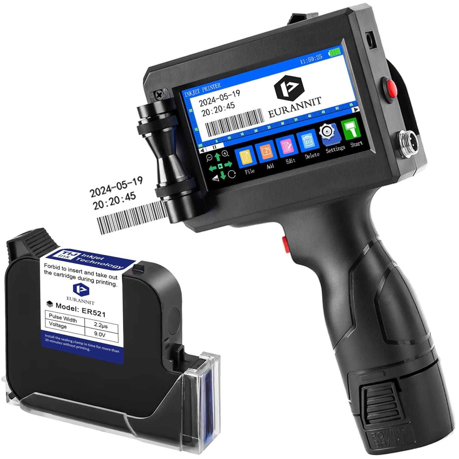 Handheld Inkjet Printer 1 in, E15-1 Portable Handheld Printers with ER521 Black Ink Cartridge, Handheld Inkjet Printer Gun for Text QR Barcode Batch Number Logo Date Label Printer