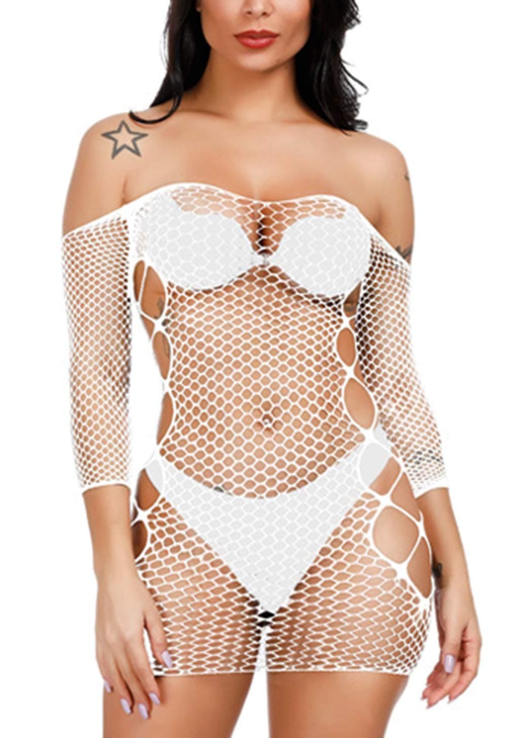 Women Fishnet Lingerie Babydoll Halter Stretch Chemise Bodysuit One Size Mini Dress