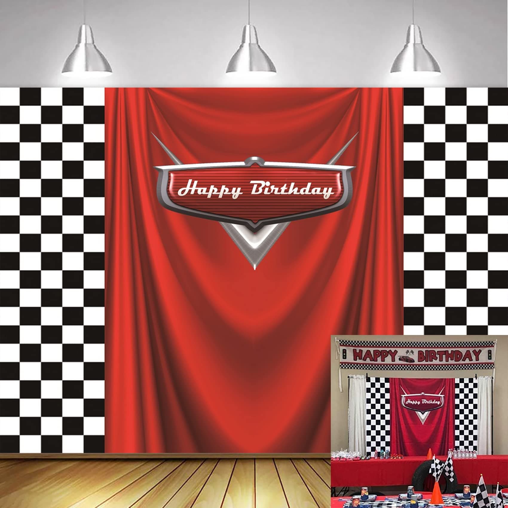 7x5ft Car Black White Grid Red Birthday Themed Backdrops Racing Flag Red Photo Backgrounds for Photography Happy Birthday Party Banner Photo Booth Props