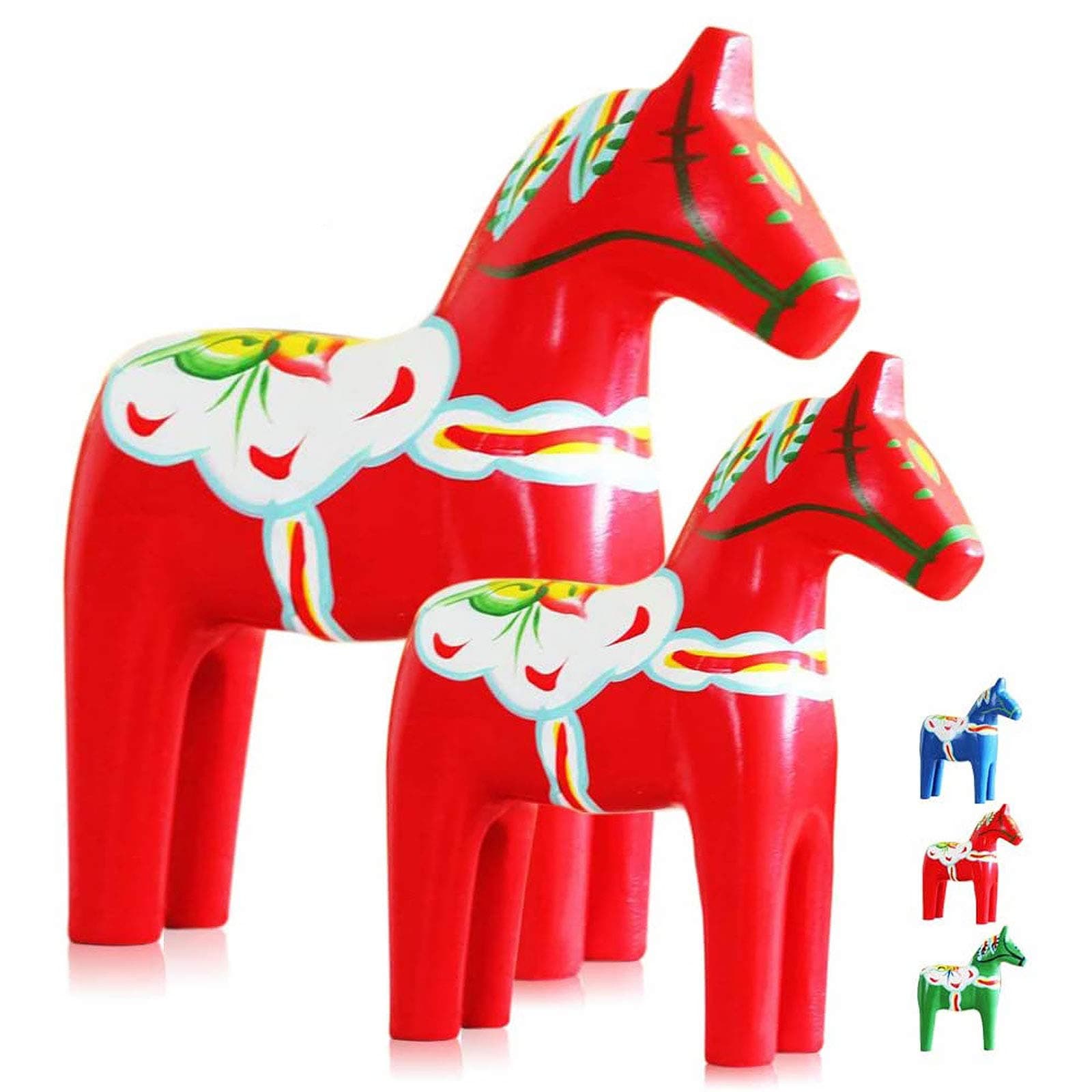 Set of 2 Hand Painted Swedish Wooden Dala Horse Figurine (Red) 9.4"/6.3"