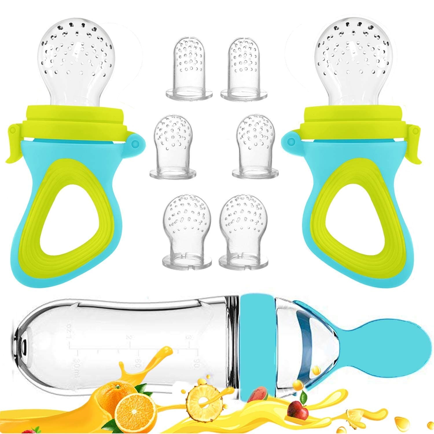 Baby Food Feeder, Fresh Food - 2 Pack Fruit Feeder Pacifier, 6 Different Sized Silicone Pacifiers | 1 Pack Baby Food Dispensing Spoon | Baby Feeding Set (Blue)