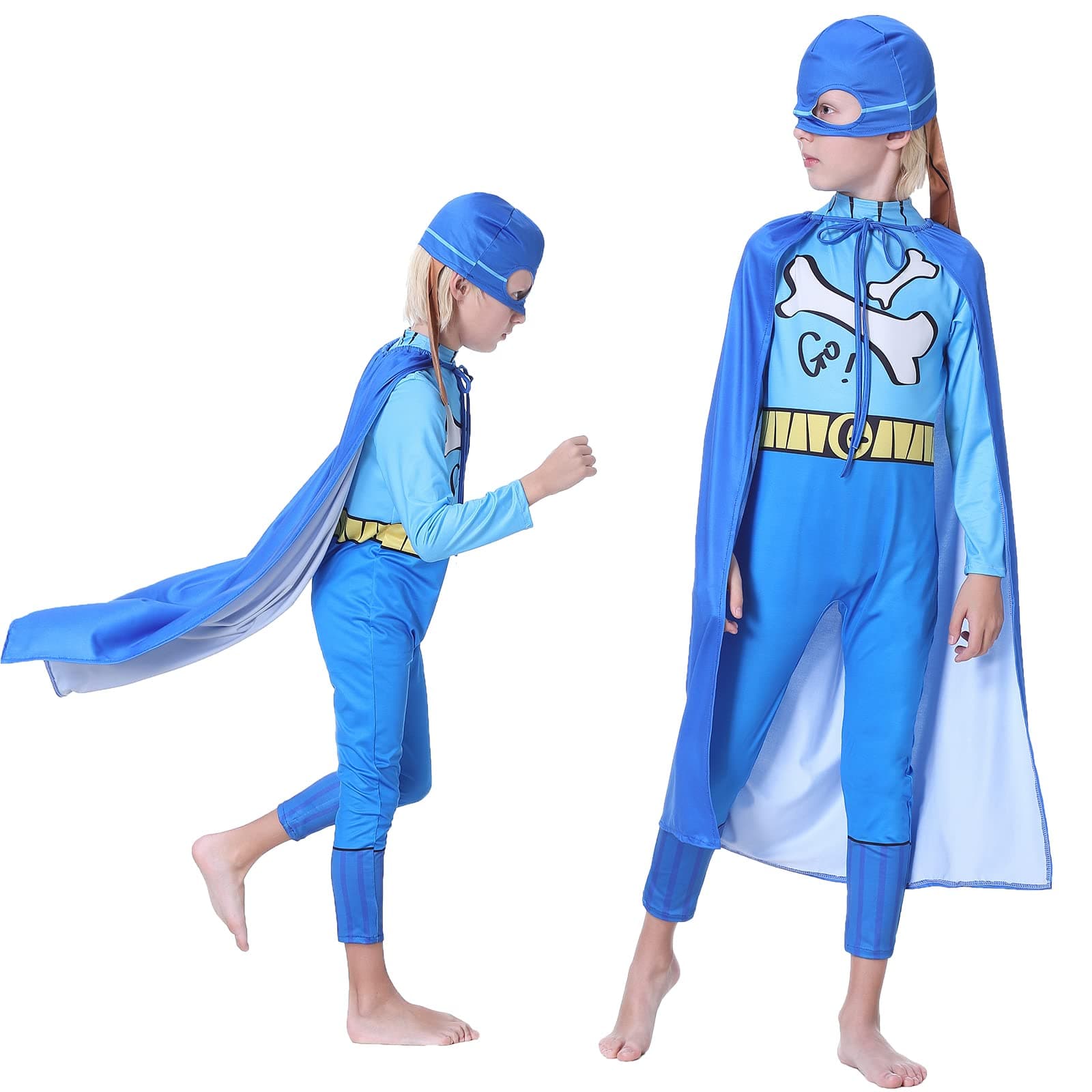 DeaboatDetective Dog Costume for Boys Police Cosplay Outfit with Blue Cloak Eye Mask Bodysuit Jumpsuit for Halloween Ma