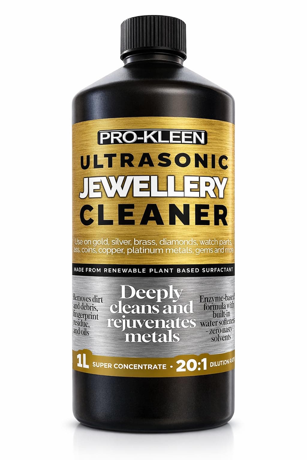 Pro-Kleen Ultrasonic Jewellery Cleaner Machine Solution 1 Litre Concentrated Fluid Makes 20L - Removes Oils Scale Dirt Suitable for Gold Silver Brass Diamonds