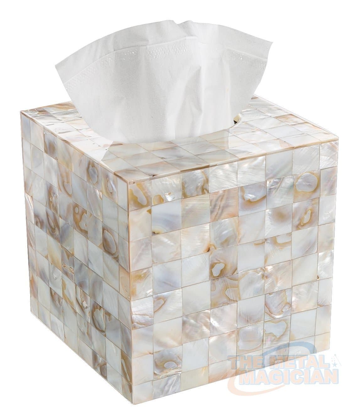 The Metal Magician Square Tissue Holder – Decorative Tissue Box Cover is Finished in Beautiful Mother of Pearl