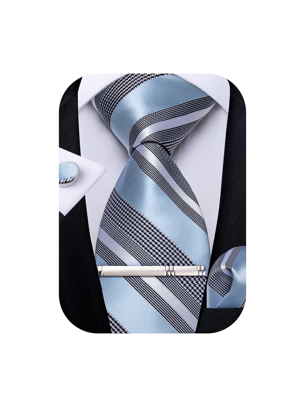 DiBanGu Mens Striped Tie Silk Woven Necktie and Pocket Square Cufflinks Tie Clip Set Wedding Business Formal Gift Tie for Men
