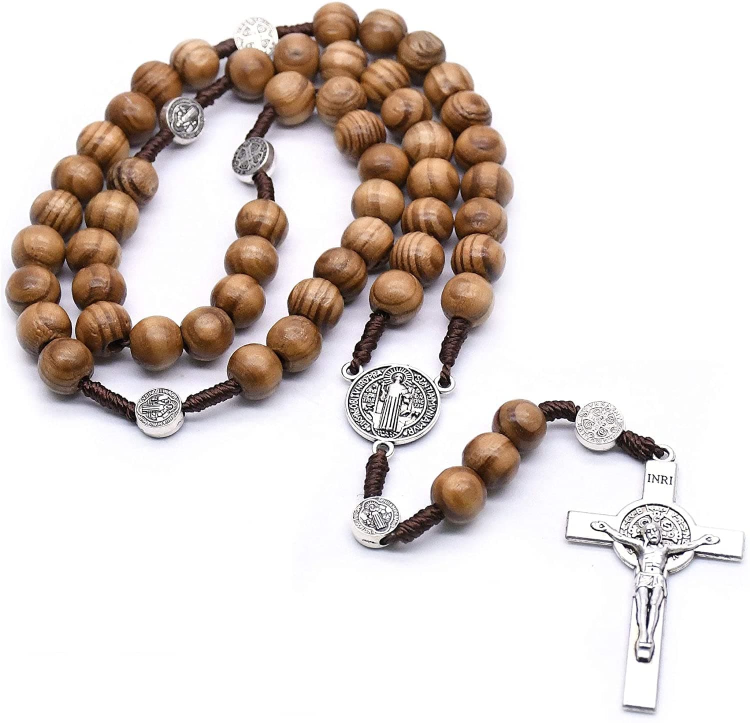 Catholic , Wooden Cross Necklace Beads Wood Catholicism Gift Religious Prayer Beads for Chruch (Brown)