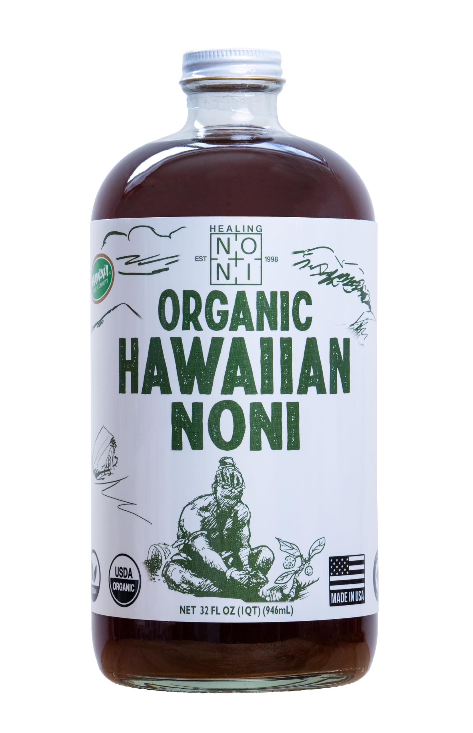 Healing Noni - Hawaiian Organic Noni Juice - All-Natural - Farm Direct - Glass Bottle 32oz