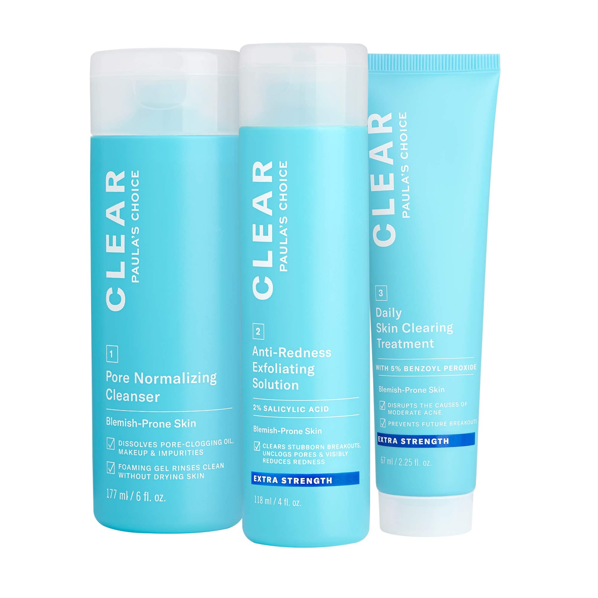 - CLEAR 3-Piece Acne Kit, Includes Daily Cleanser, 2% Salicylic Acid Exfoliant & Benzoyl Peroxide Treatment, Prevents & Treats Mild to Severe Acne & Breakouts, Fragrance-Free, Set of 3