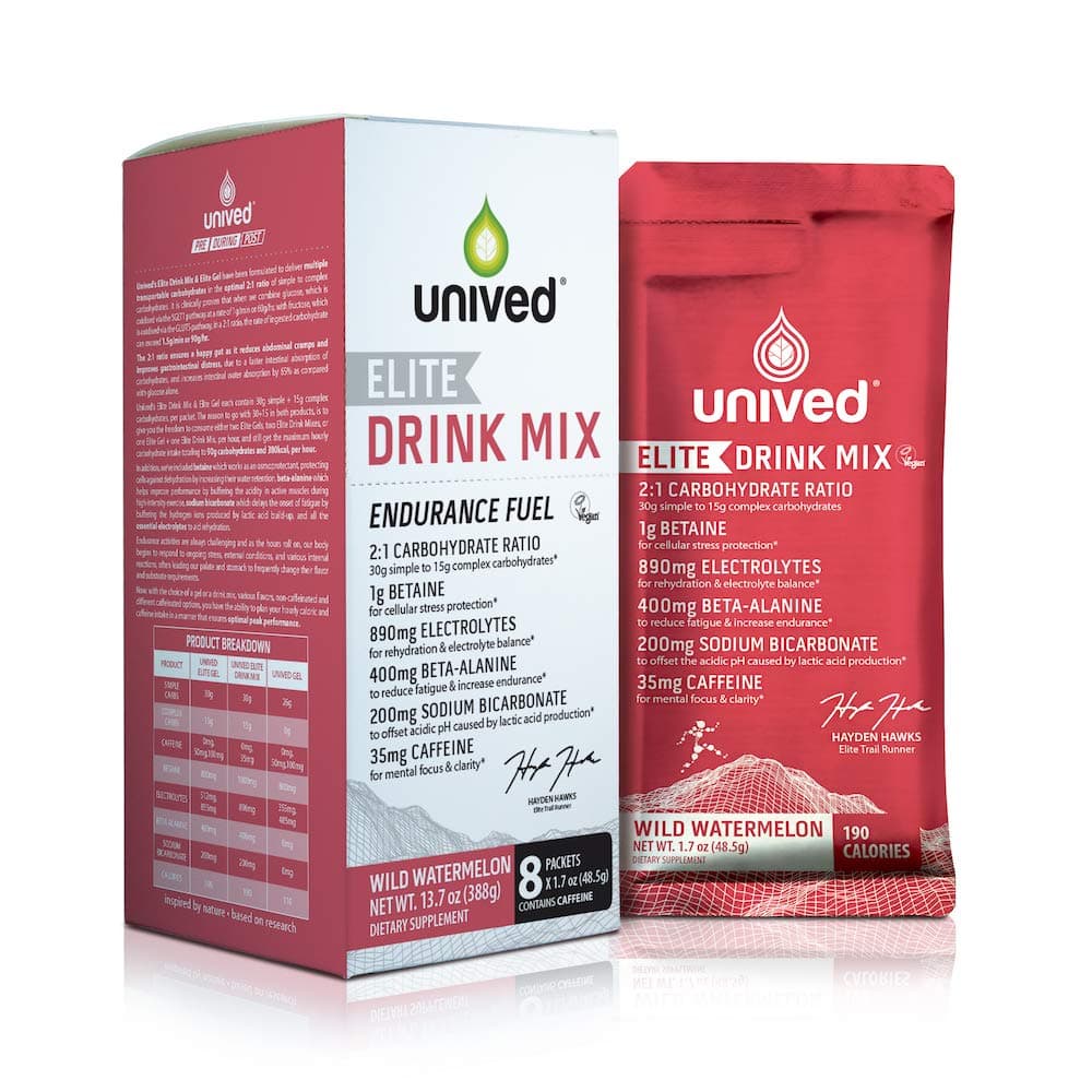 Unived Elite Drink Mix, 2:1 Carbohydrate Ratio, 45g Carbs, 1gm Betaine, 890mg Electrolytes, 400mg Beta-Alanine, 200mg Sodium Bicarbonate, 35mg Caffeine, 190kcal, Vegan & Gluten-Free, Wild Watermelon