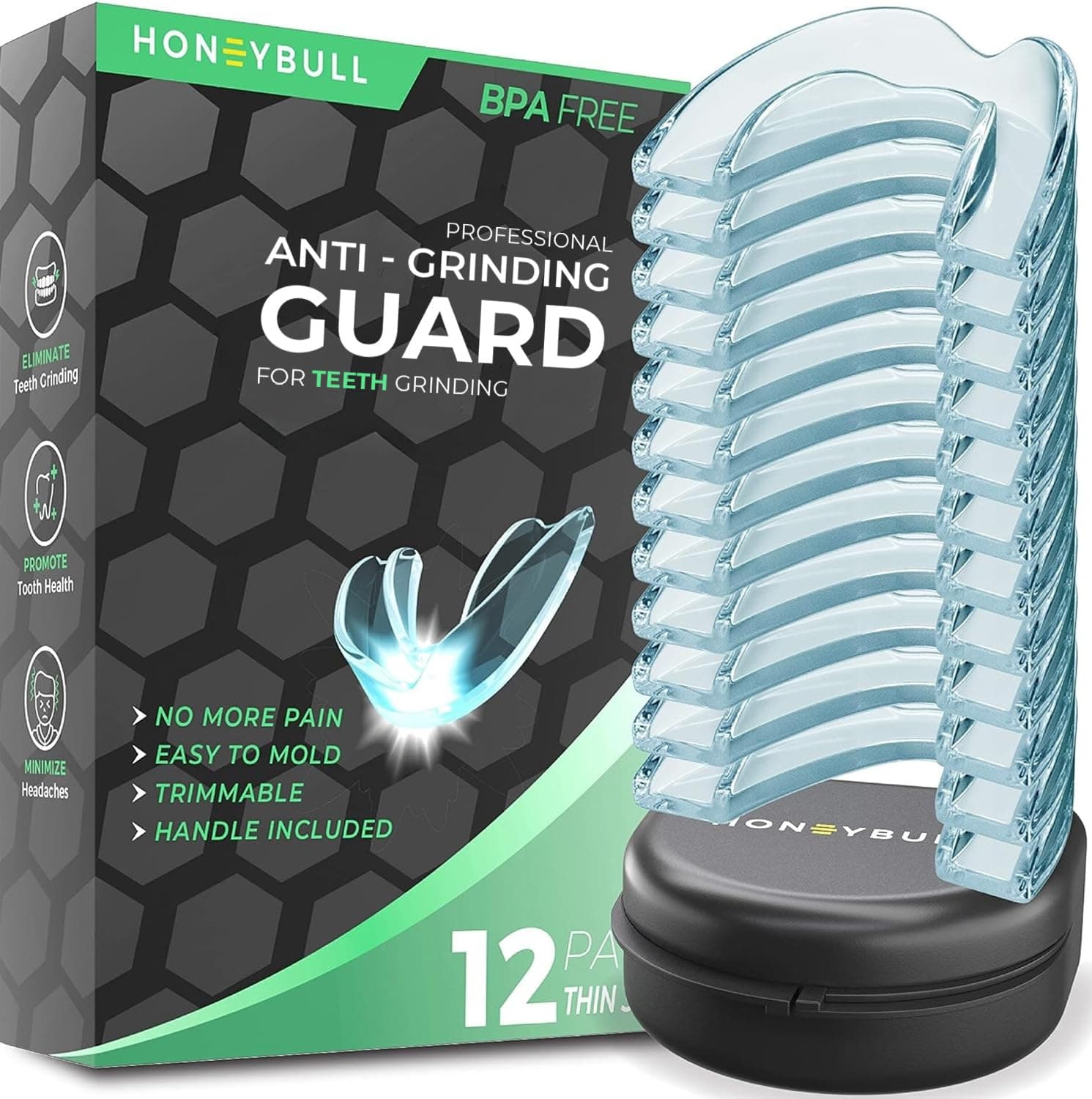HONEYBULL Mouth Guard for Grinding Teeth [12 Pack] 1 Size for Light Grinding | Comfortable Custom Mold for Clenching at Night, Bruxism, Whitening Tray & Guard