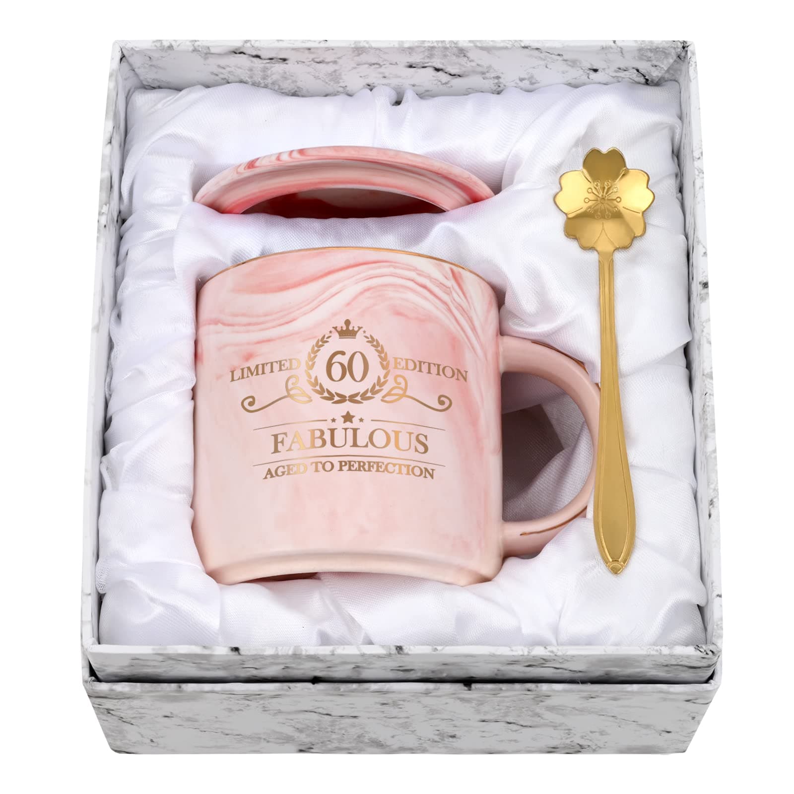 60th Birthday Gift for Women, 12oz Pink Coffee Mug Set with Gift Box, Gift for Mum Coworkers Friend Boss, Ceramic Coffee Mug for Birthday Gift Christmas Mothers Day