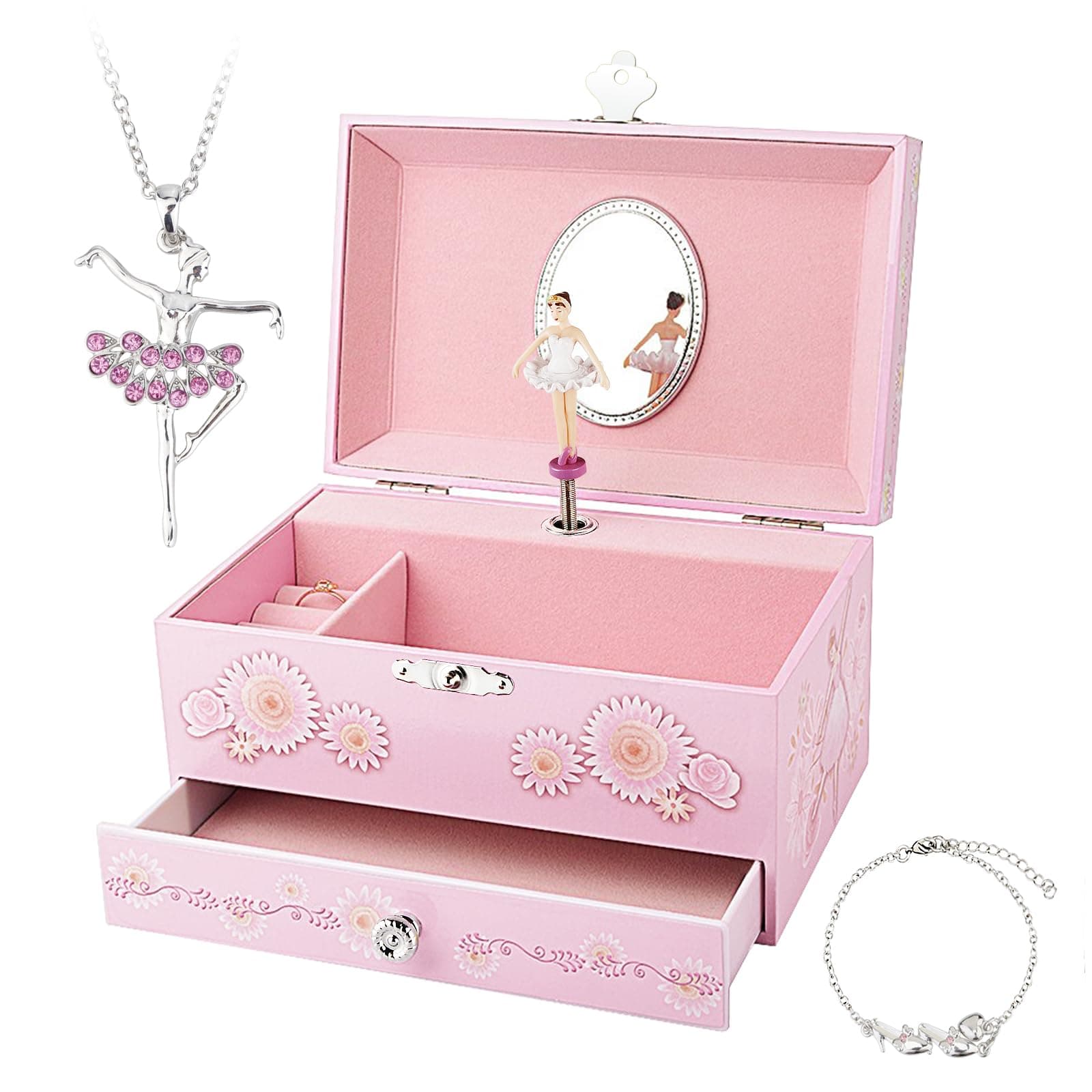 RR ROUND RICH DESIGN Kids Musical Jewelry Box for Girls with Drawer and Jewelry Set with Ballerina Theme - Swan Lake Tune Pink