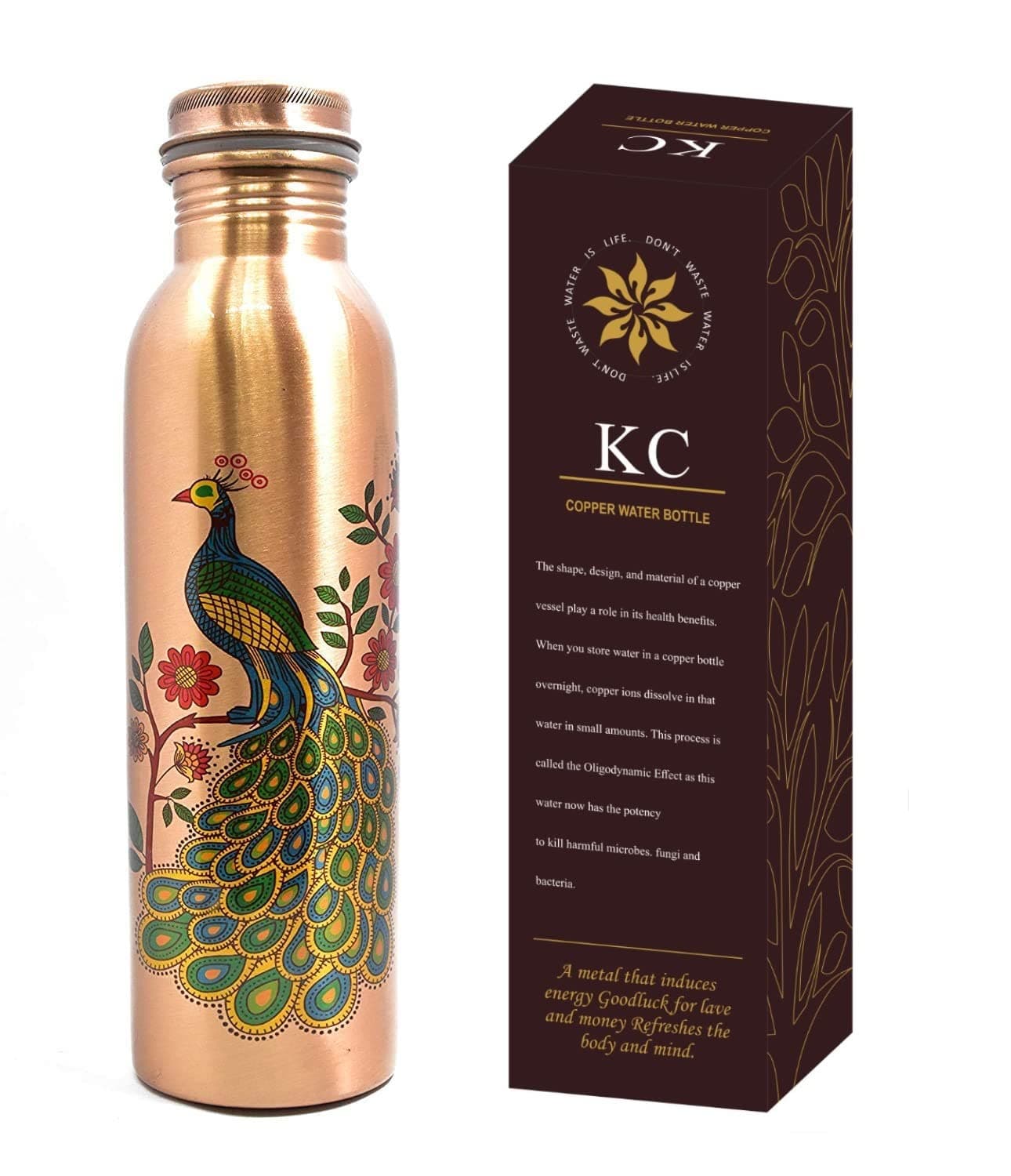 KC Pure Peacock Designer Water Bottle With Advanced Leak Proof Protection, Ayurveda And Yoga Health Benefits. (1000Ml, 1Unit, Pack Of 1) Standard Copper