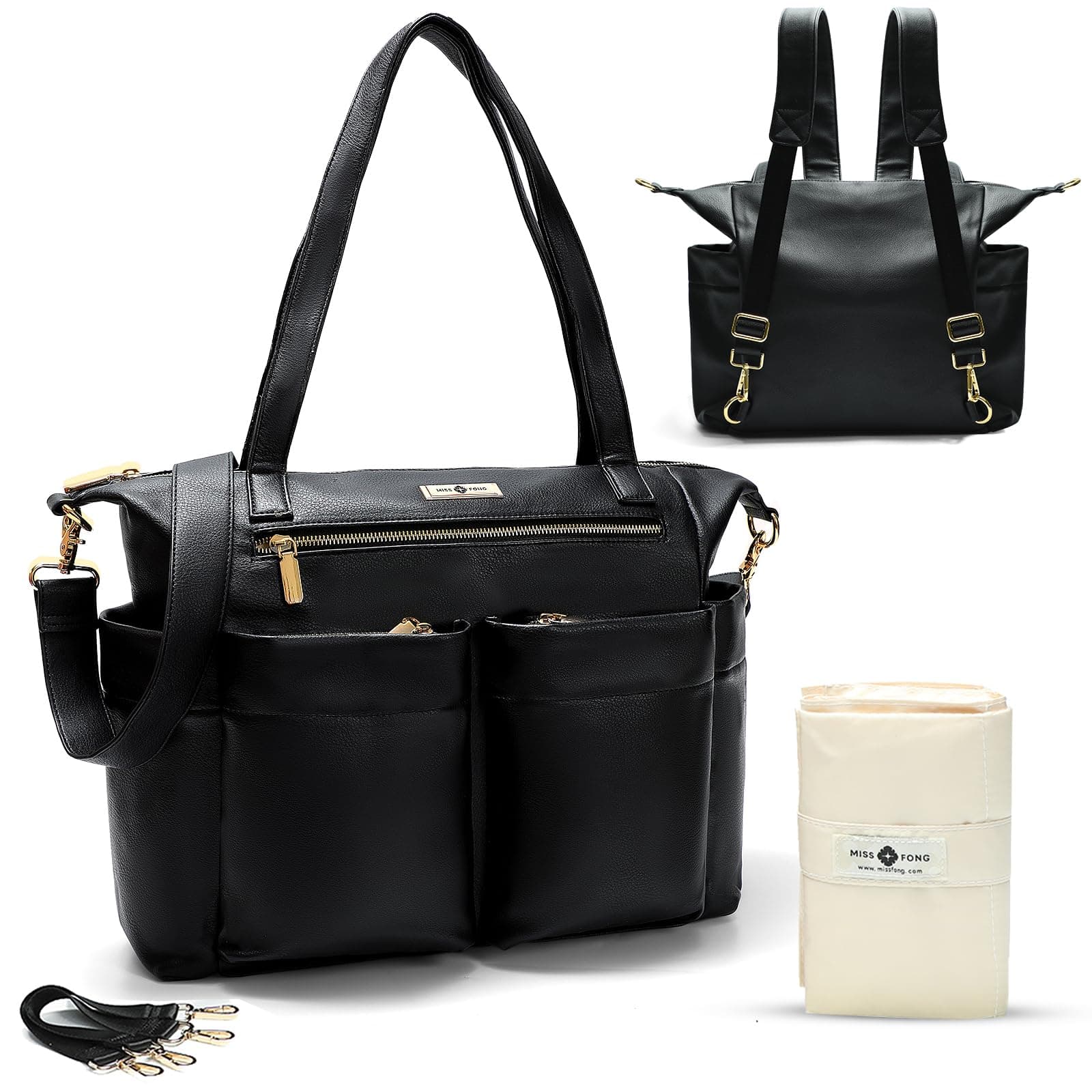 Leather Diaper Bag Backpack by Miss Fong, Baby Bag, Diaper Bag Tote with Changing Pad, in Bag Organizer, Stroller Straps, Insulated Pockets and Shoulder Strap (Black)