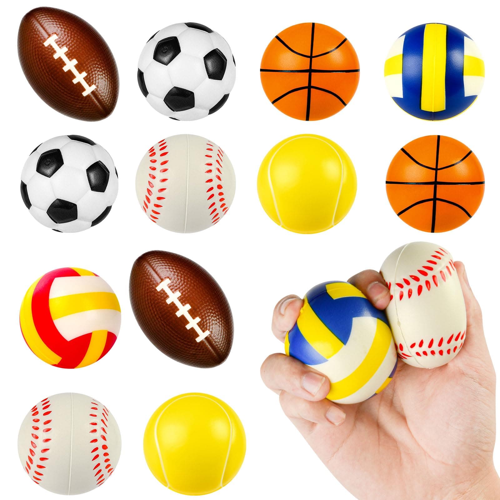 Ainiv 12pcs Squeeze Stress Balls, Sports Balls Party Favors, Sensory Stress Ball for Kids and Adults, Hand Exercise Stress Relief Balls, Squeeze Toys for Anxiety, Fidget, Tension, Manage Anger - Mix