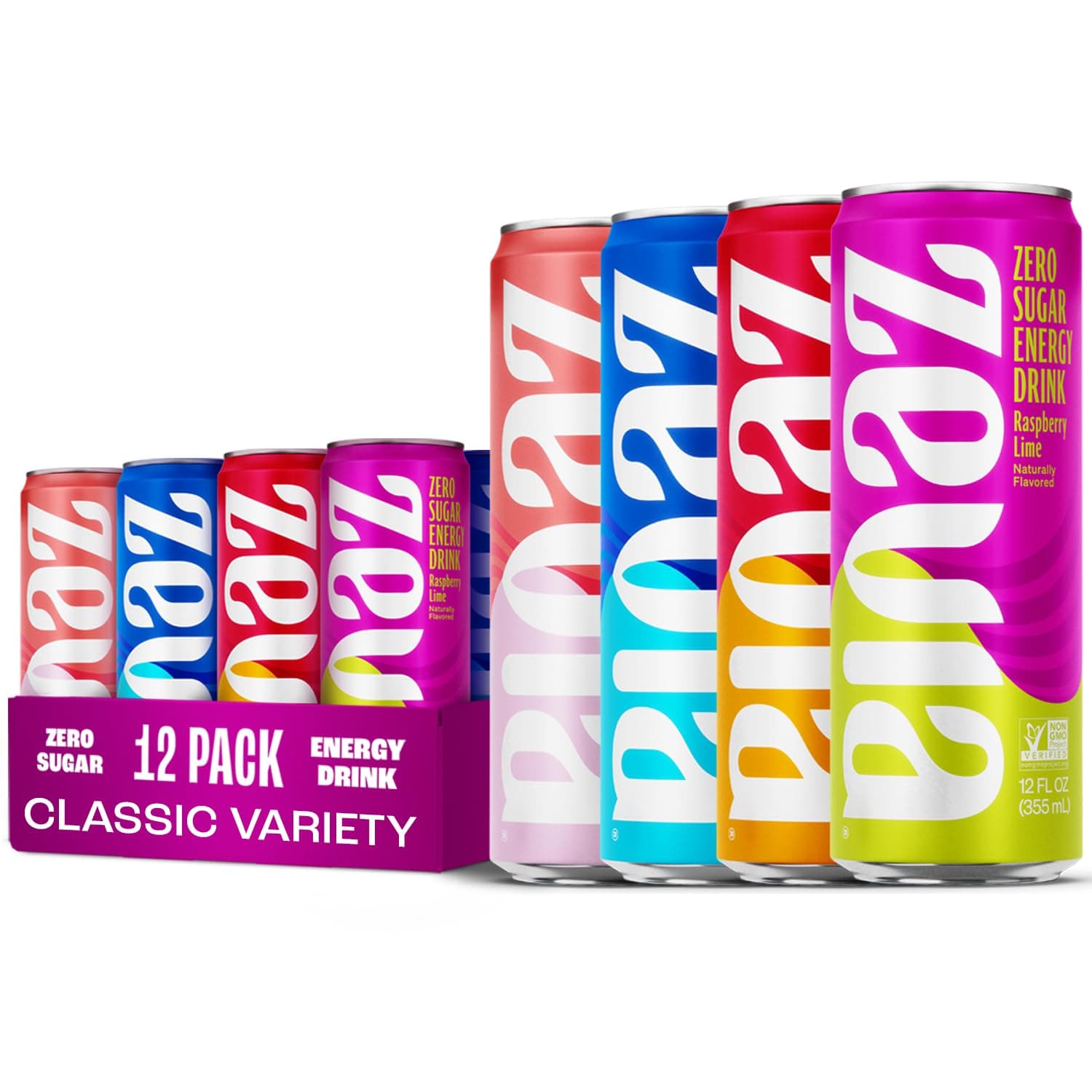 Zero Sugar Energy Drink, Classic Variety Pack, 12 oz Cans (12-Pack) – Naturally Sweetened, Non-GMO Project Verified, Gluten-Free, Vegan