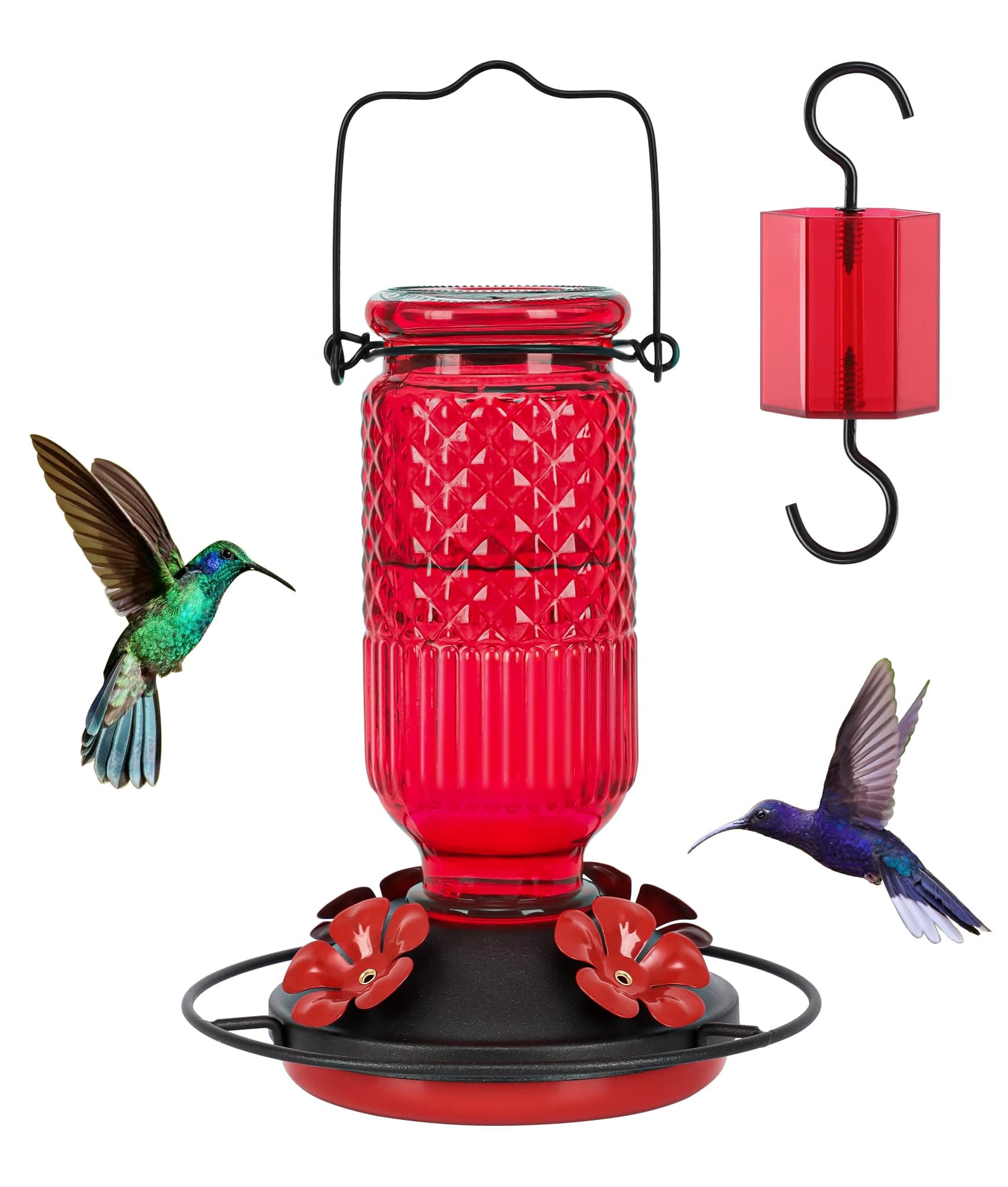 FEED GARDEN Glass Hummingbird Feeder, 16oz Outdoor Hanging Bird Feeder with Ant Moat, 4 Bee-Proof Feeding Ports, 360° Perch, Leak-Proof, Red
