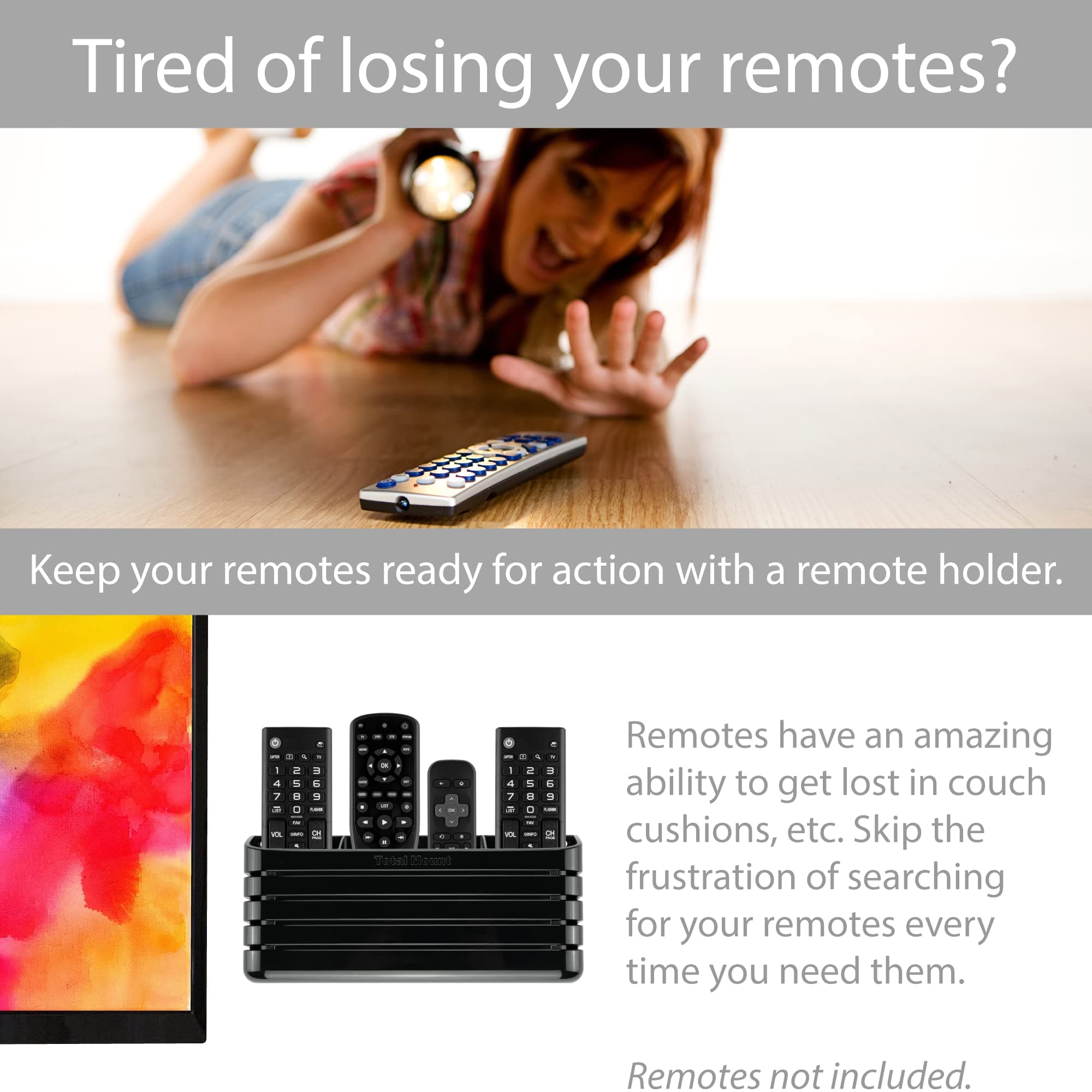 TotalMount Hole-Free Remote Holder – Eliminates The Need to Drill Holes in Your Wall (Premium Black – Modern Design for 3 or 4 Remotes)