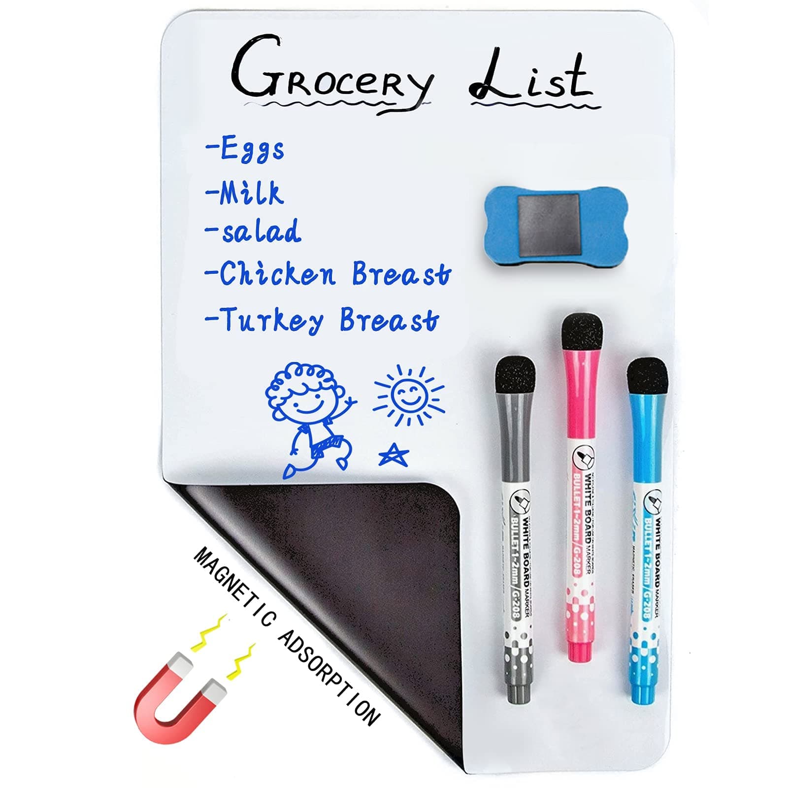 Magnetic Dry Erase Whiteboard Sheet for Fridge, A4 Size Magnet Reminder Board, Planner Board or to Do List Whiteboard, 1 Magnetic Eraser+3 Whiteboard Pens