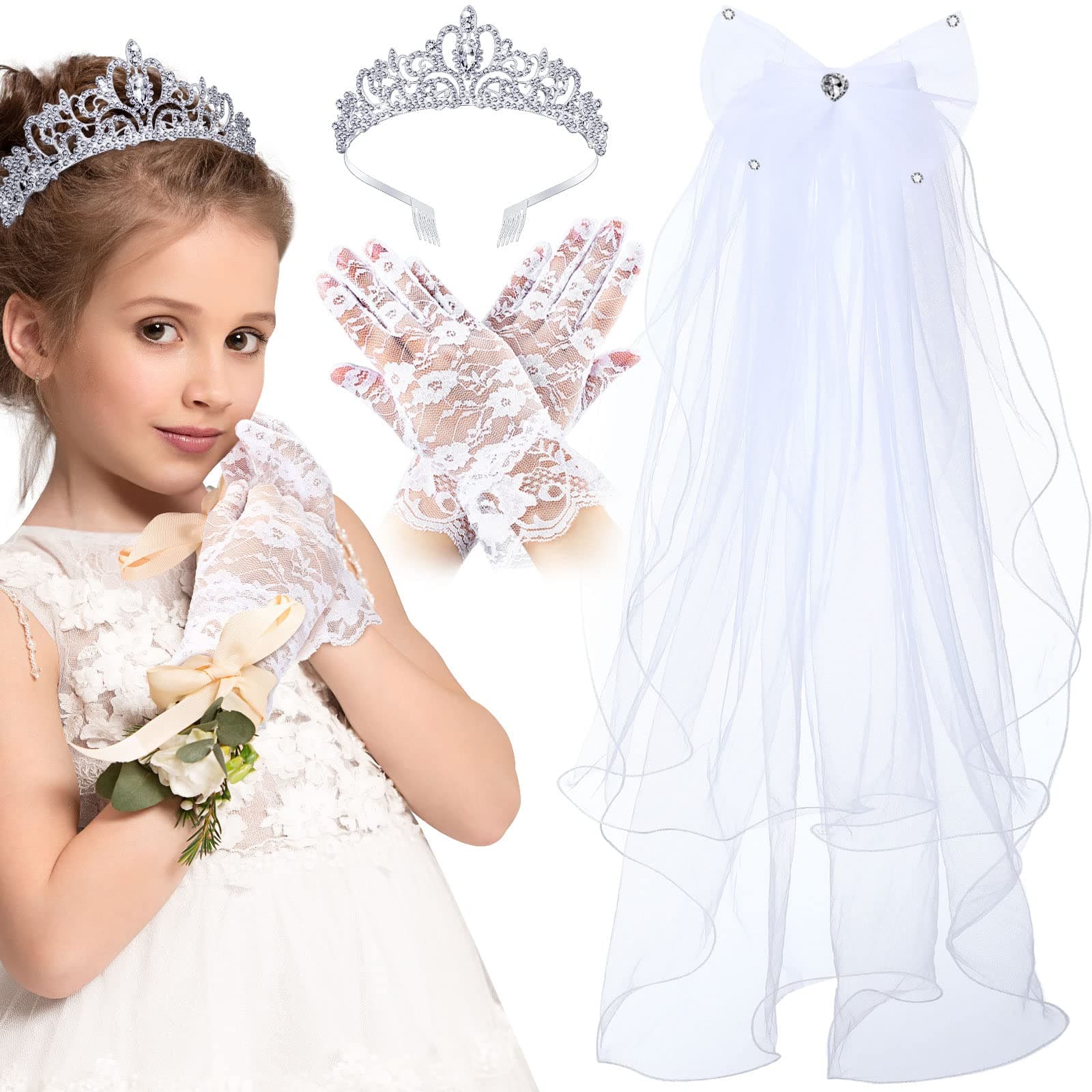 3 Pcs First Communion Veil for Girls, White Veil, Gloves, Rhinestone Crown, 1st Holy Communion Headpiece Headband Accessories Cosplay Costume for Wedding Party