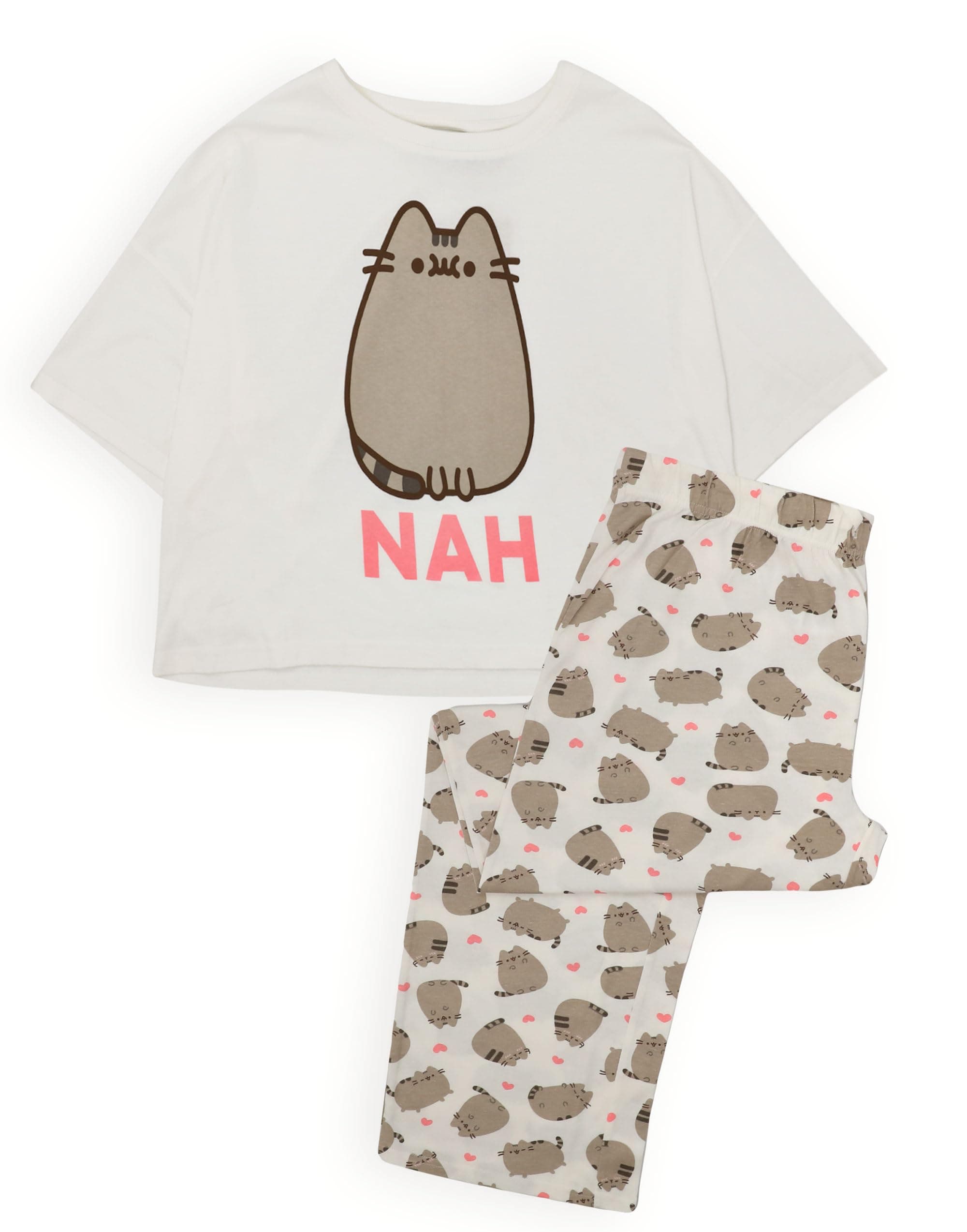 Pusheen Womens Pyjamas | Adults Ladies Cartoon Cat Nah White T-Shirt With Long Bottoms Pjs | Animal Anime Merchandise