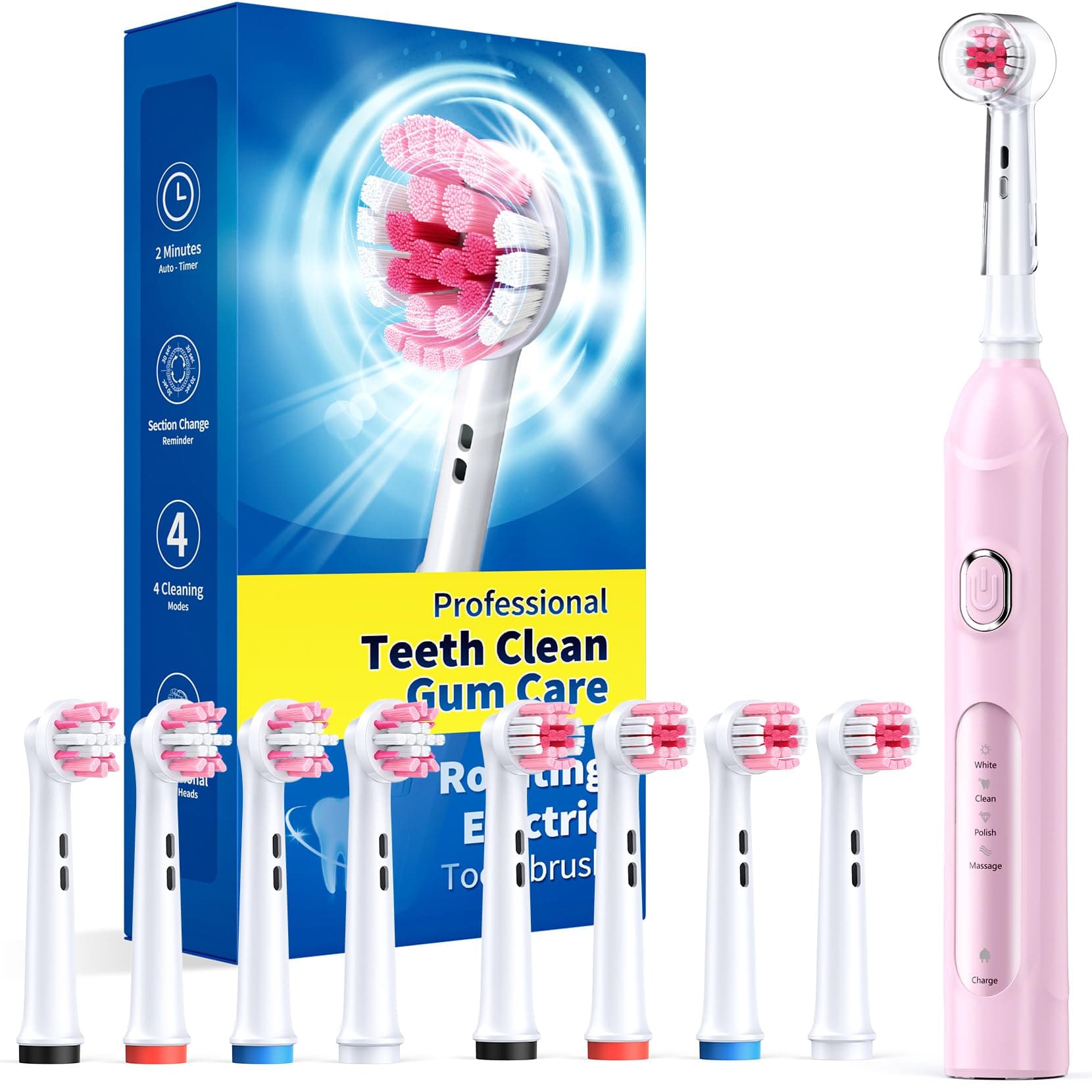 Rotating Electric Toothbrush for Adults with 8 Brush Heads (2 Types), 4 Modes Deep Clean Electric Toothbrush with Rechargeable Power and 2 Min Smart Timer Pink