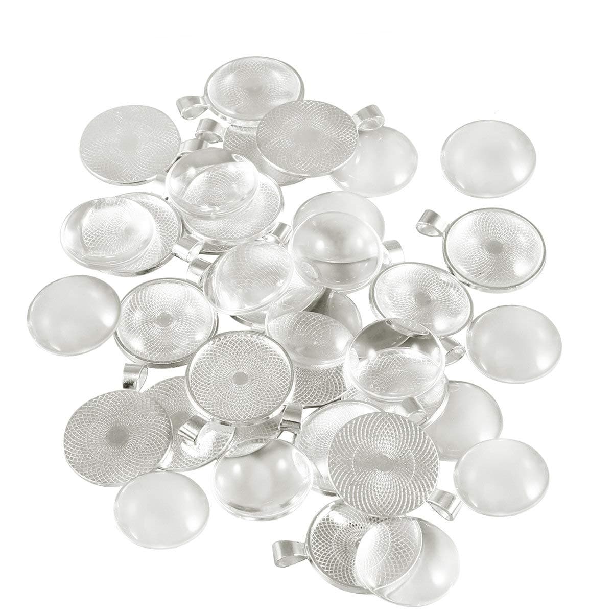 20set Round Alloy Pendant Trays with Glass Dome Tiles Blank Bezel Settings for Creative Jewelry Making and Craft Supplies Silver