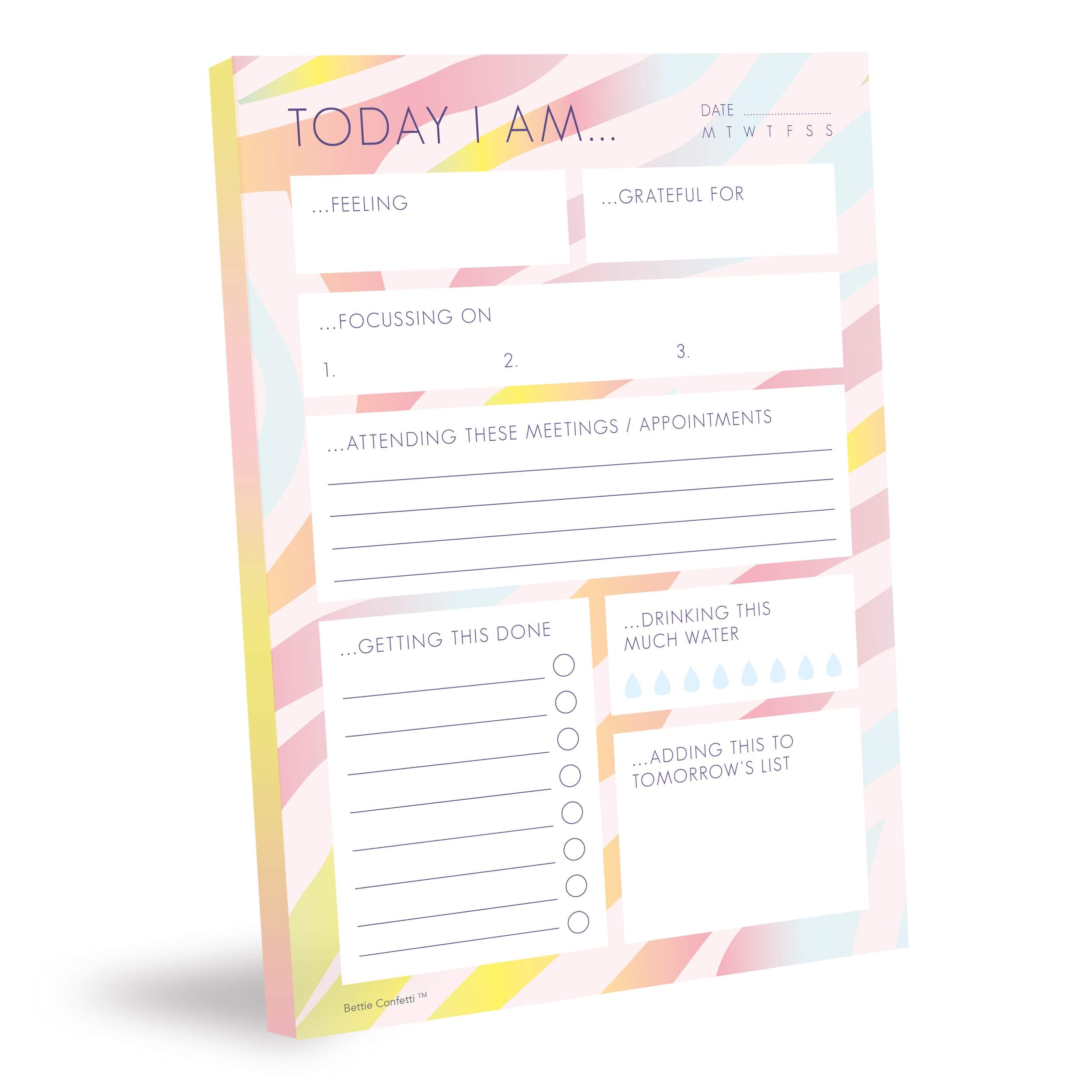 Bettie Confetti Daily Wellness Productivity Planner |Pink Undated A5 Today I Am Funny Notepad With Mental Health Check Ins, To Do List & Goals|For Students, Teachers, Desk Office|50 Tear Off Sheets