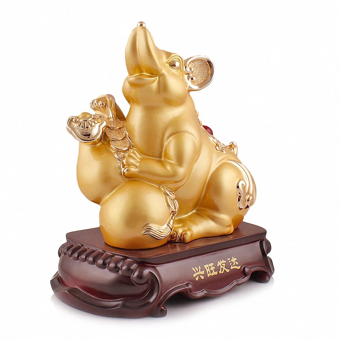 BOYULLLarge Size Chinese Zodiac Rat Golden Resin Collectible Figurines Table Decor Statue