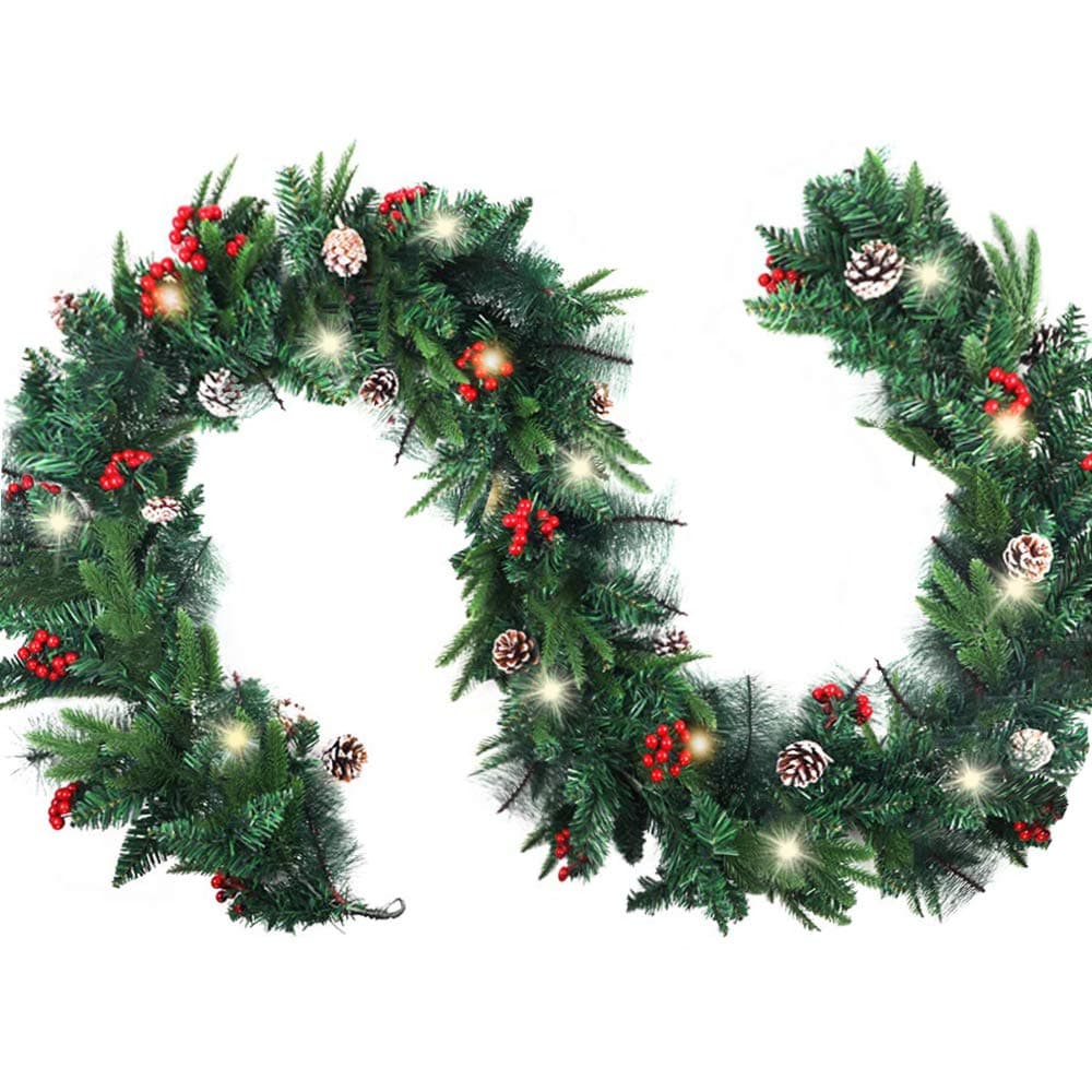 AGEOMET Christmas Garland with Lights 50 LED Pinecones Red Berries Garland, 9 Foot by 10 Inch, for Indoor/Outdoor Christmas Holiday Winter Decor