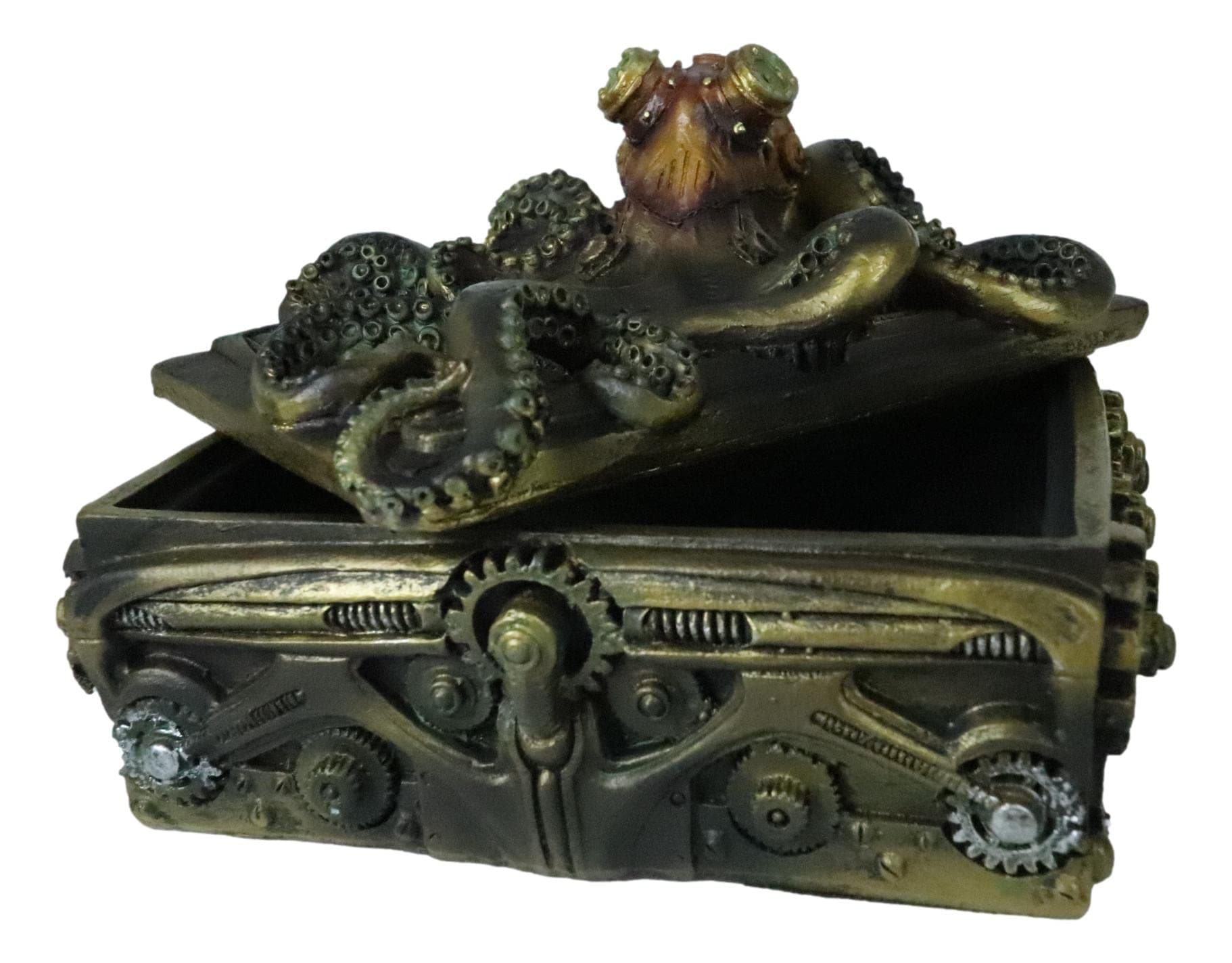 Ebros Gift Faux Bronze Nautical Marine Steampunk Octopus Kraken Submariner On Geared Pirate Treasure Chest Decorative Jewelry Box Figurine Gas Mask Cthulhu Underwater Soldier Warrior Sculpture