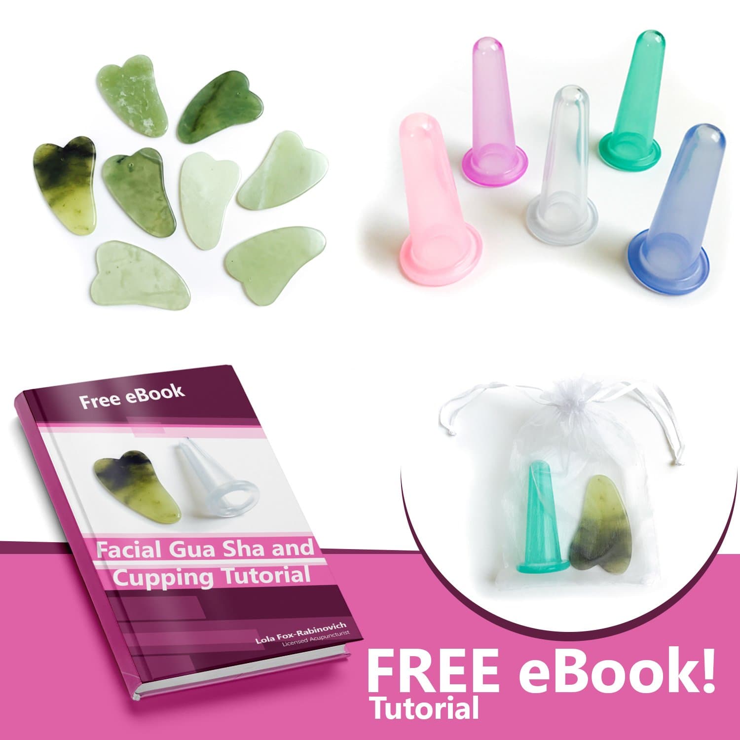 Facial jade gua sha and silicone facial cupping anti-aging kit plus FREE ebook tutorial