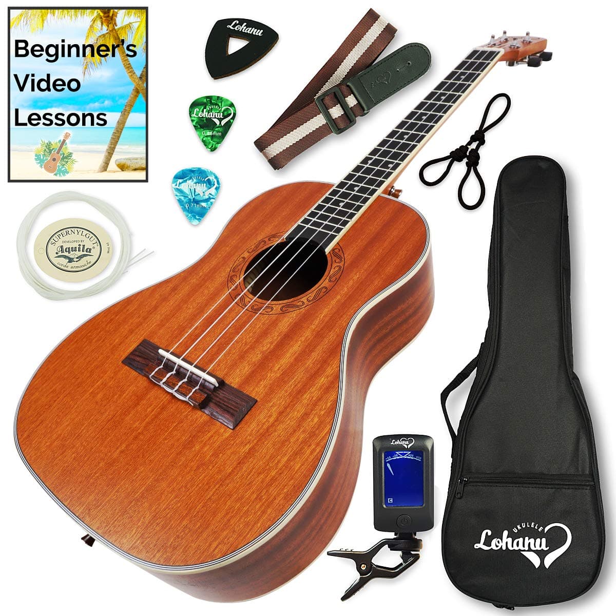 Ukulele Baritone Size Bundle From Lohanu (LU-B) 2 Strap Pins Installed FREE Uke Strap Case Tuner Picks Hanger Aquila Strings Installed Free Video Lessons BEST UKULELE BUNDLE DEAL Purchase Today!