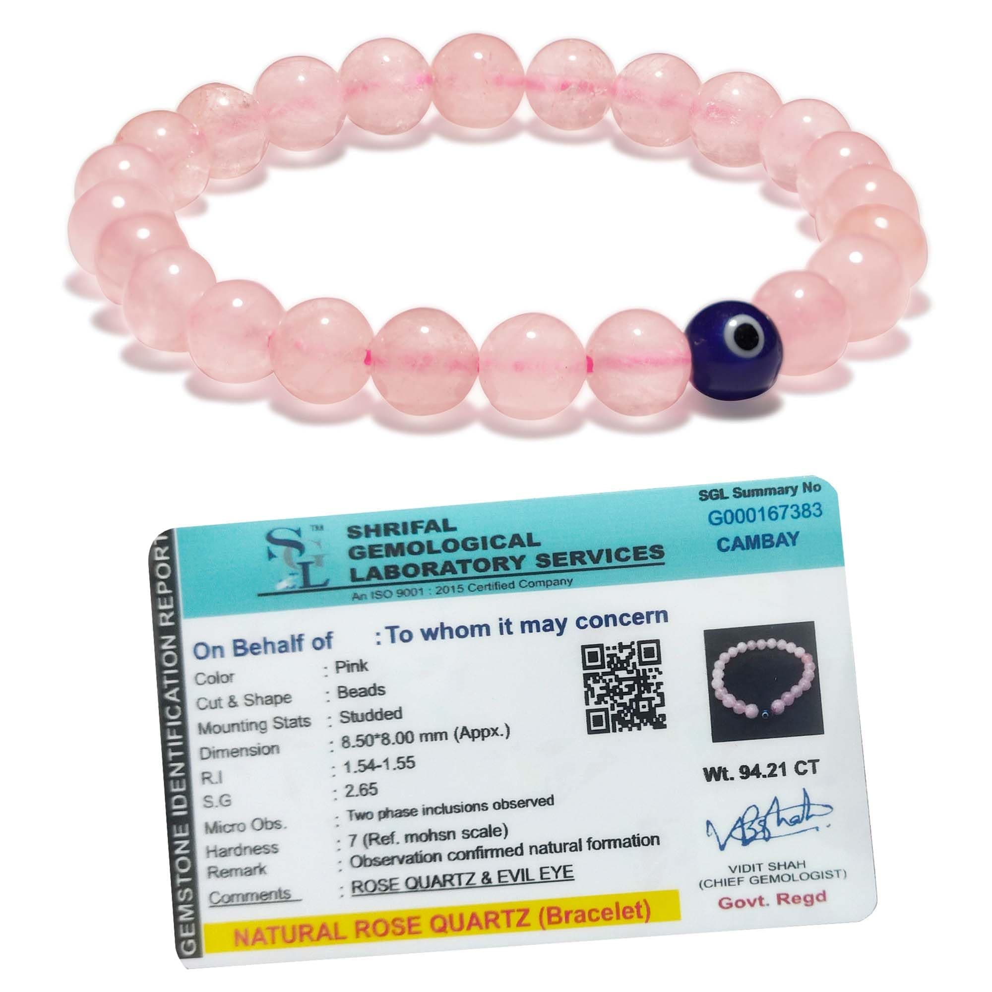 SOLAVAOriginal Rose Quartz Bracelet for Woman and Man with Evil Eye and Lab Certificate - Natural Energised Pink beads Bracelet, Evil Eye Bracelet for Protection, Love and Relationship - 8MM Beads, Free,