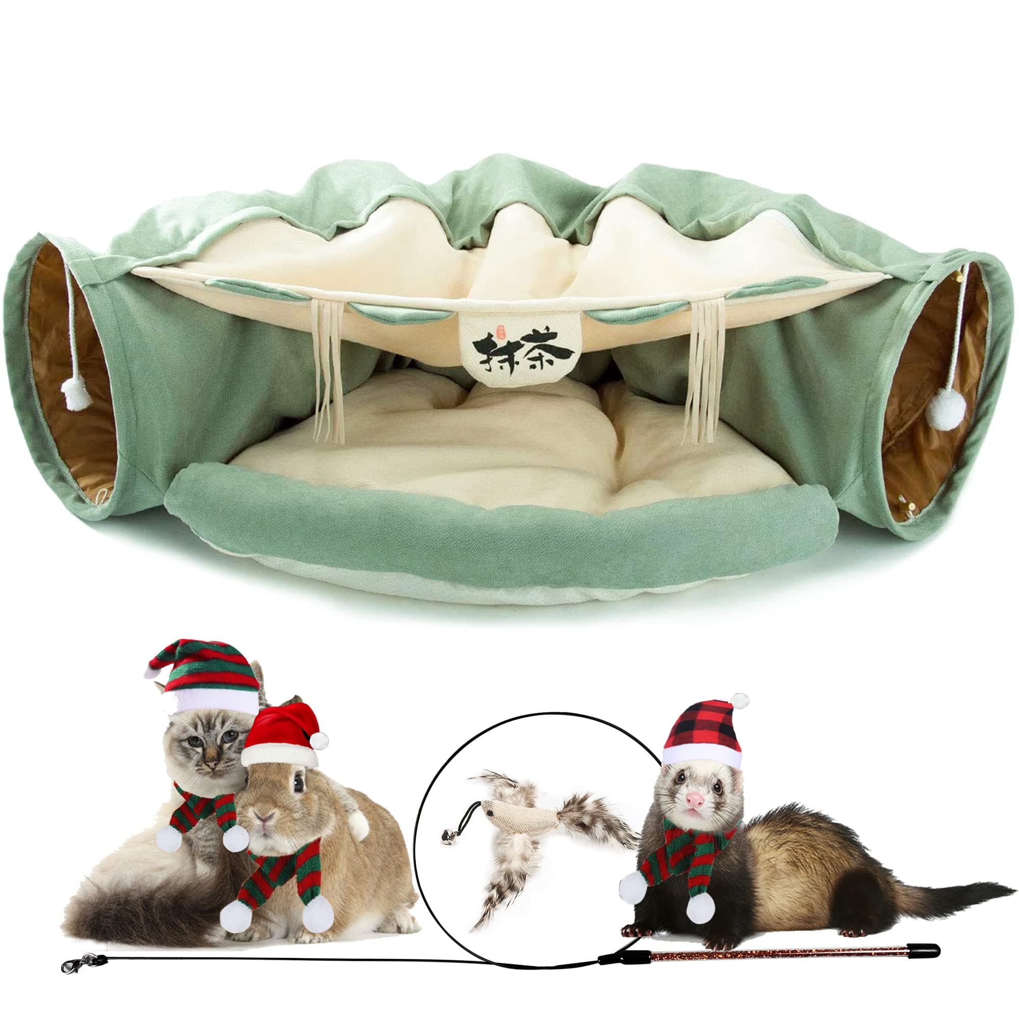 Cat Tunnel Bed, 2-in-1 Collapsible Cat Tunnel Tubes Toys with Removable Mat for Pet Cats Kittens Puppies Rabbits Bunnies Ferrets (Matcha)