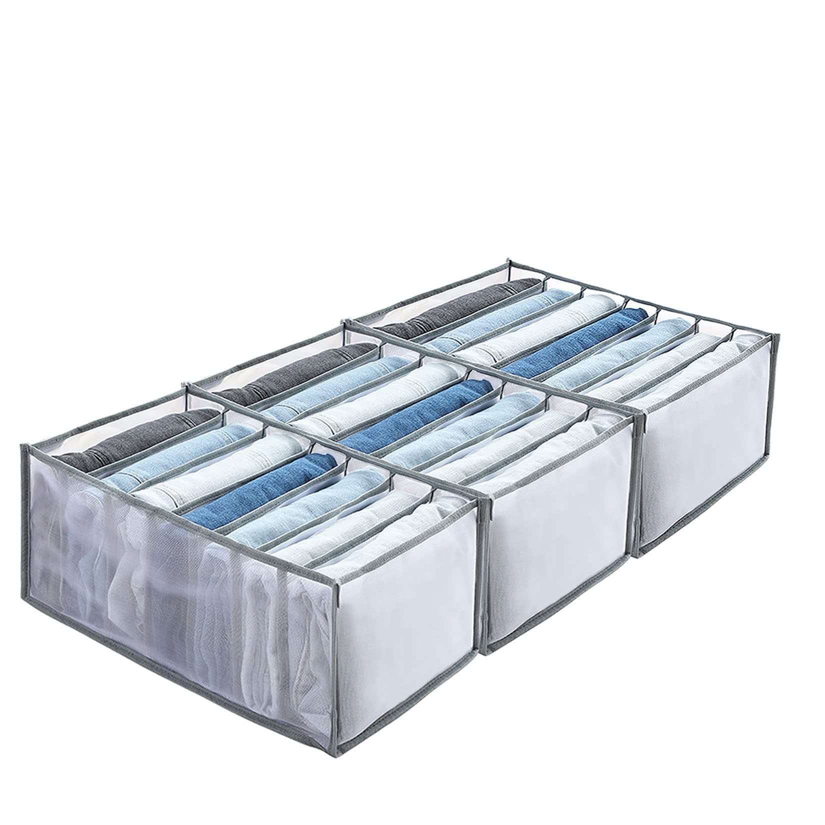 ZHIHE3 Pack Wardrobe Clothes Organizer,7 Grids Washable Clothes Organizer Jeans Compartment Storage Box,Foldable Drawer Organizers for Legging,Jeans, Skirt,T-shirts,Underwear,Socks., Gray