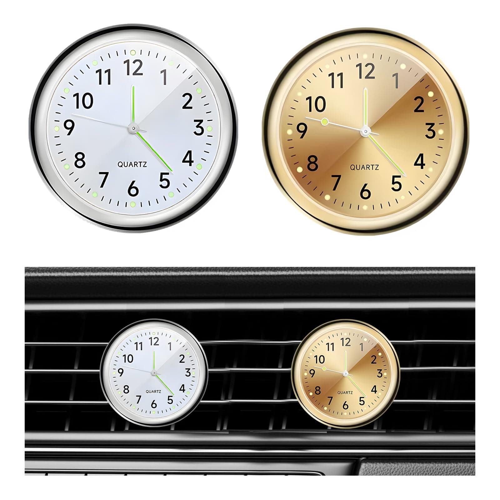 Dickno 2 PCS Stick on Dashboard Car Clock, Mini Tiny Analog Quartz Luminous Air Vent Clocks, Self Adhesive Automotive Vent Clocks Watch, Vehicle Clock for Dashboard Decoration (Golden+White)