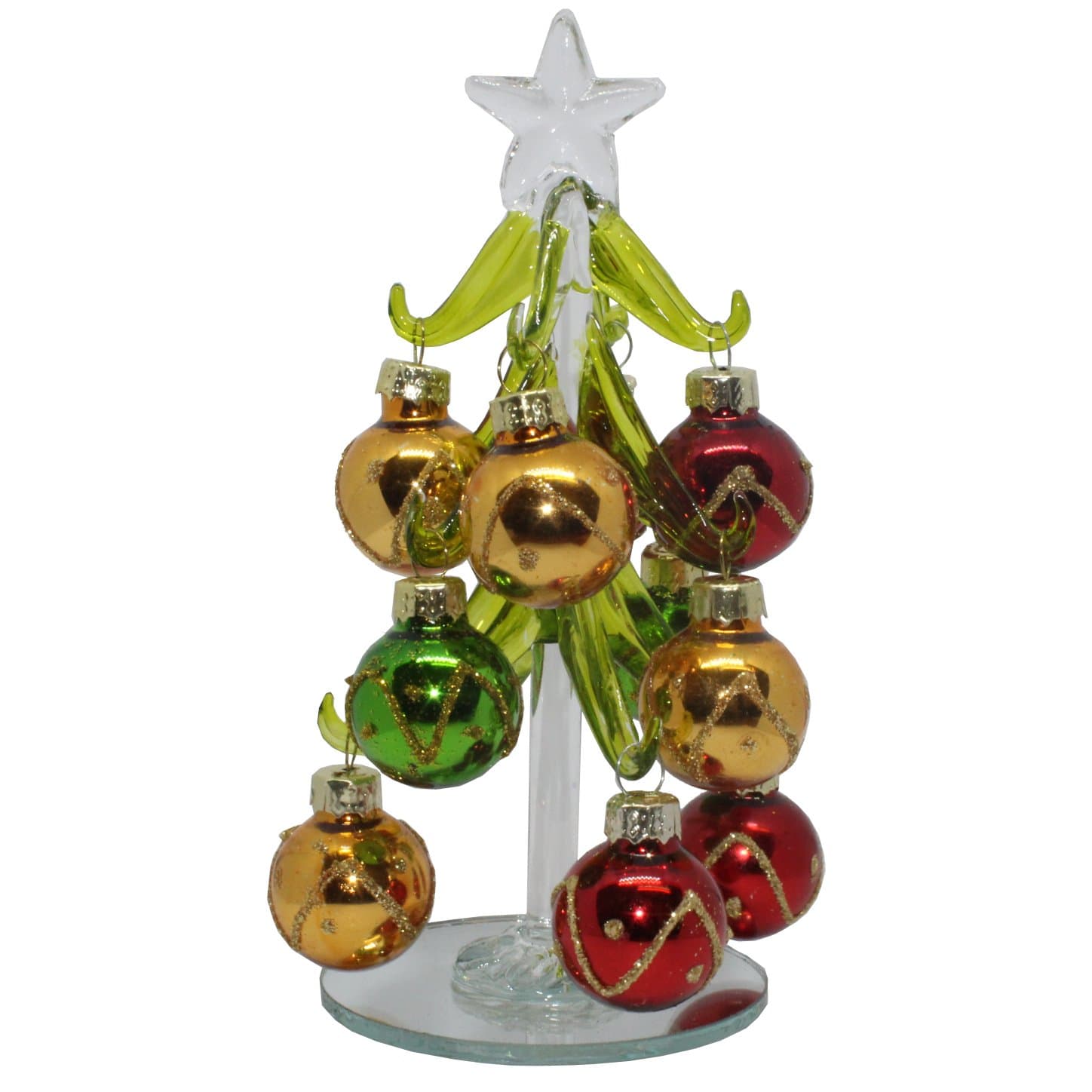 Beautiful, small, glass Christmas Tree, decorated with coloured, glittered baubles. An ideal, fun, Christmas gift, or decoration for the home or desk top (Multi New)