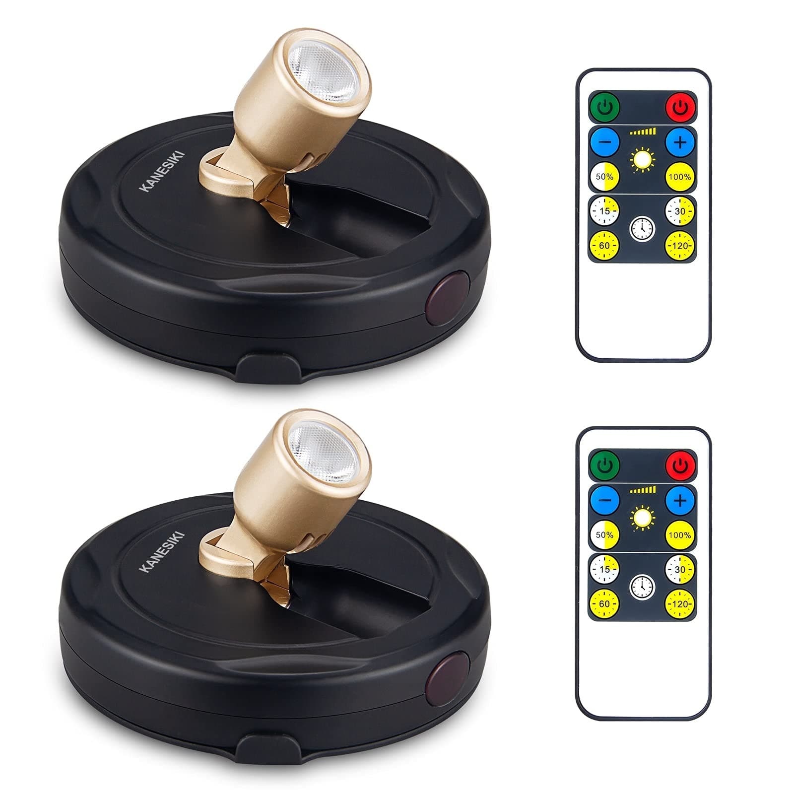 Battery Operated Spotlight, Wireless Picture Lights, LED Puck Light, Dimmable Accent Light with RF Remote, Stick on Lighting for Dartboard Painting Artwork Closet Portrait, 2 Pack