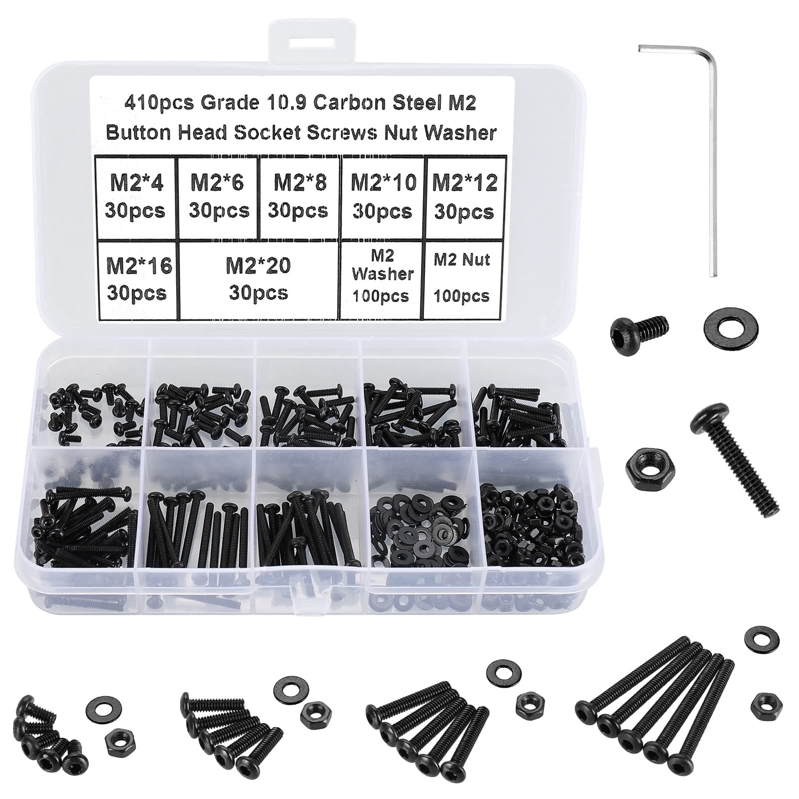 410Pcs Tiny Button Head Hex Socket Cap Screws, Black Grade 10.9 Alloy Steel, M2 x 4/6/8/10/12/16/20mm Allen Head Machine Screws, Nuts and Washers Kit with Hex Key, Fully Threaded Pitch: 0.4mm